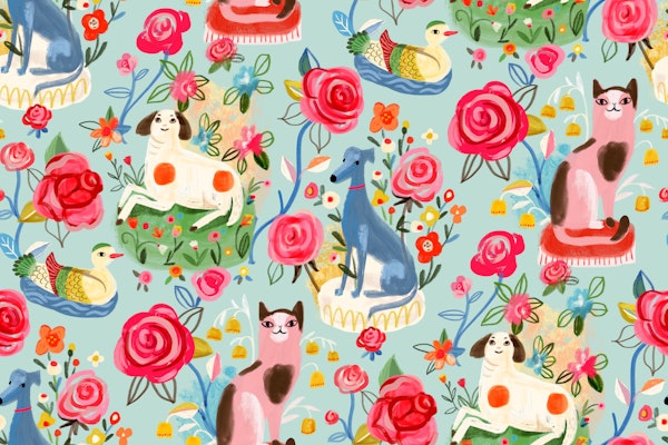 Pottery animals in a rose garden