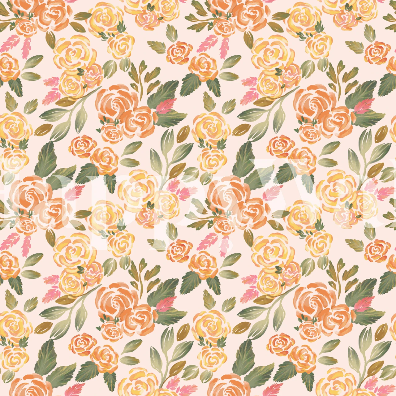 Pink and orange floral pattern leaves on cream wallpaper