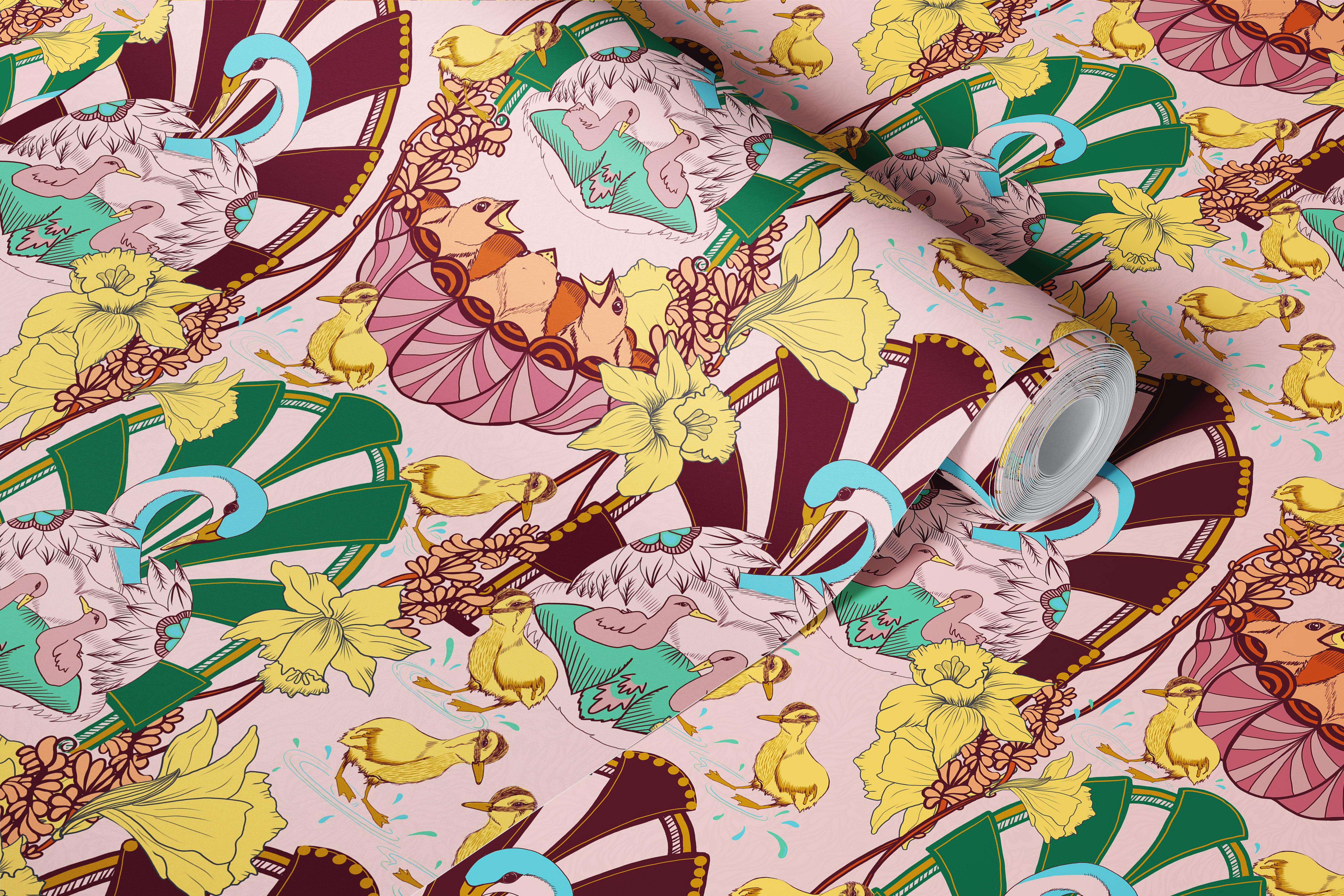 Colorful floral design with hatchlings in pink, green, and yellow wallpaper