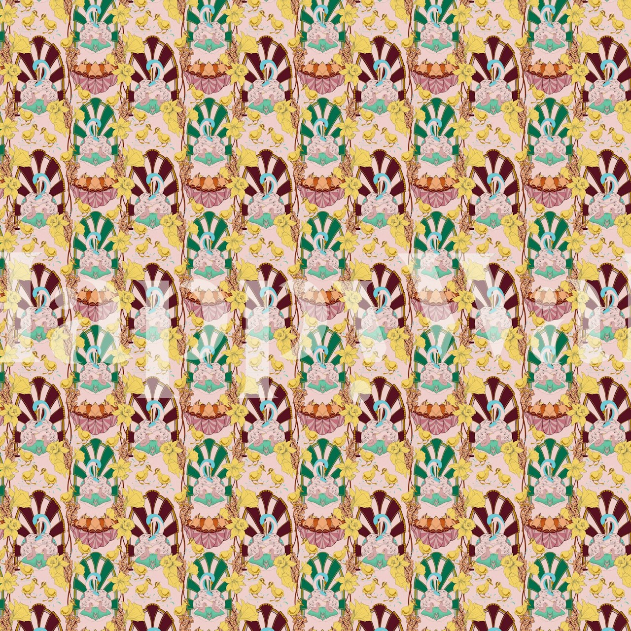 Colorful floral design with hatchlings in pink, green, and yellow wallpaper