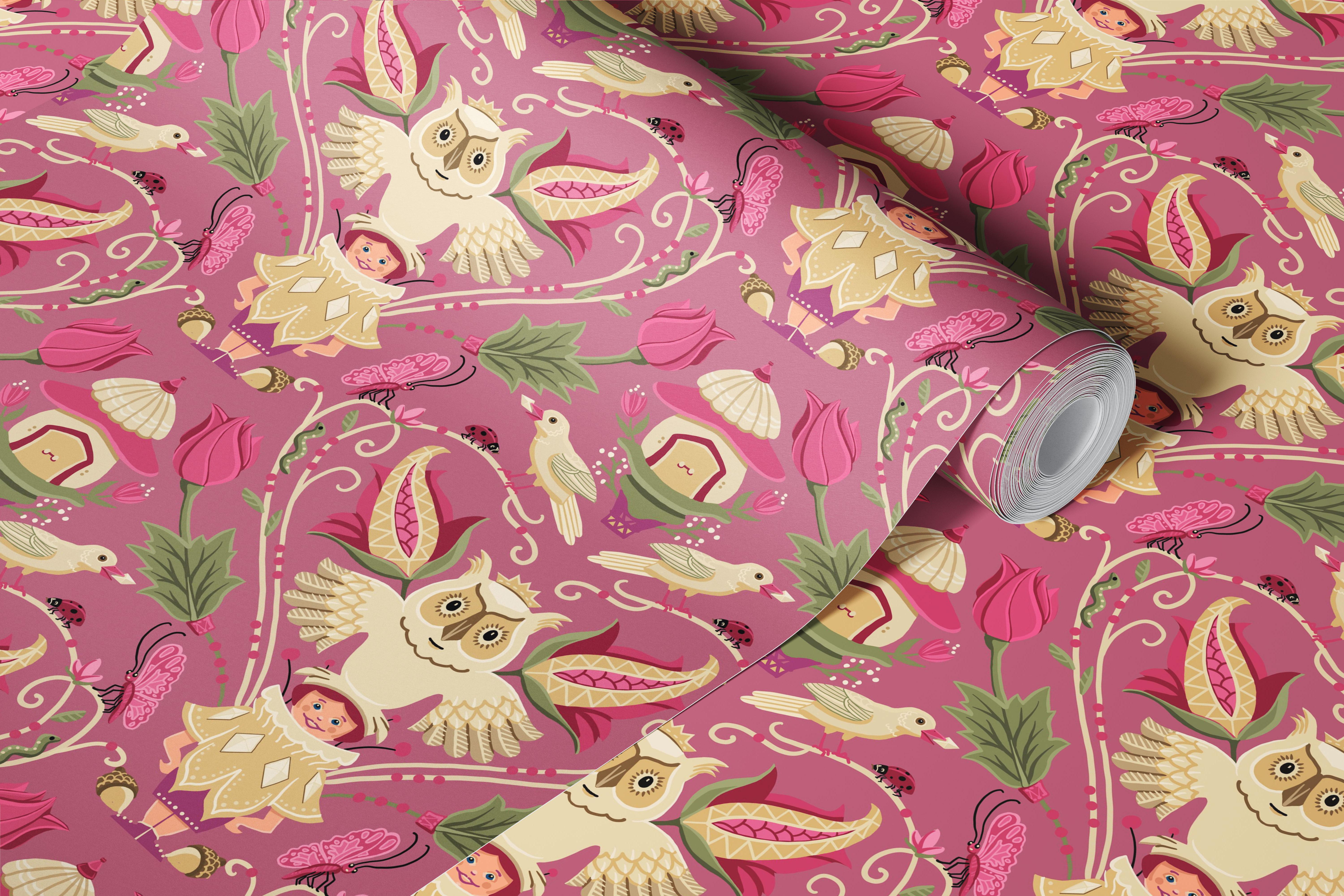 Colorful owl, flowers, and birds in pink background wallpaper