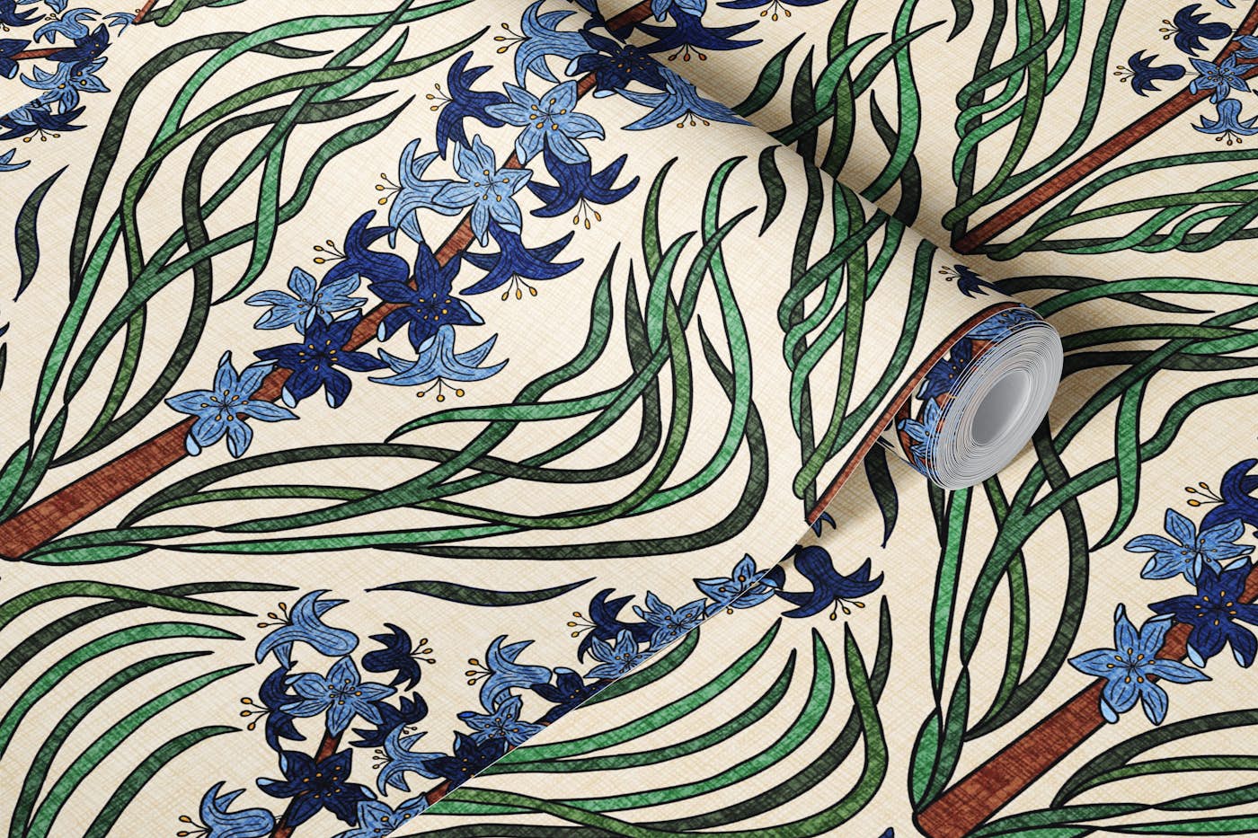 Delft Blue Hyacinths on Ivory - Art Nouveau wallpaper roll