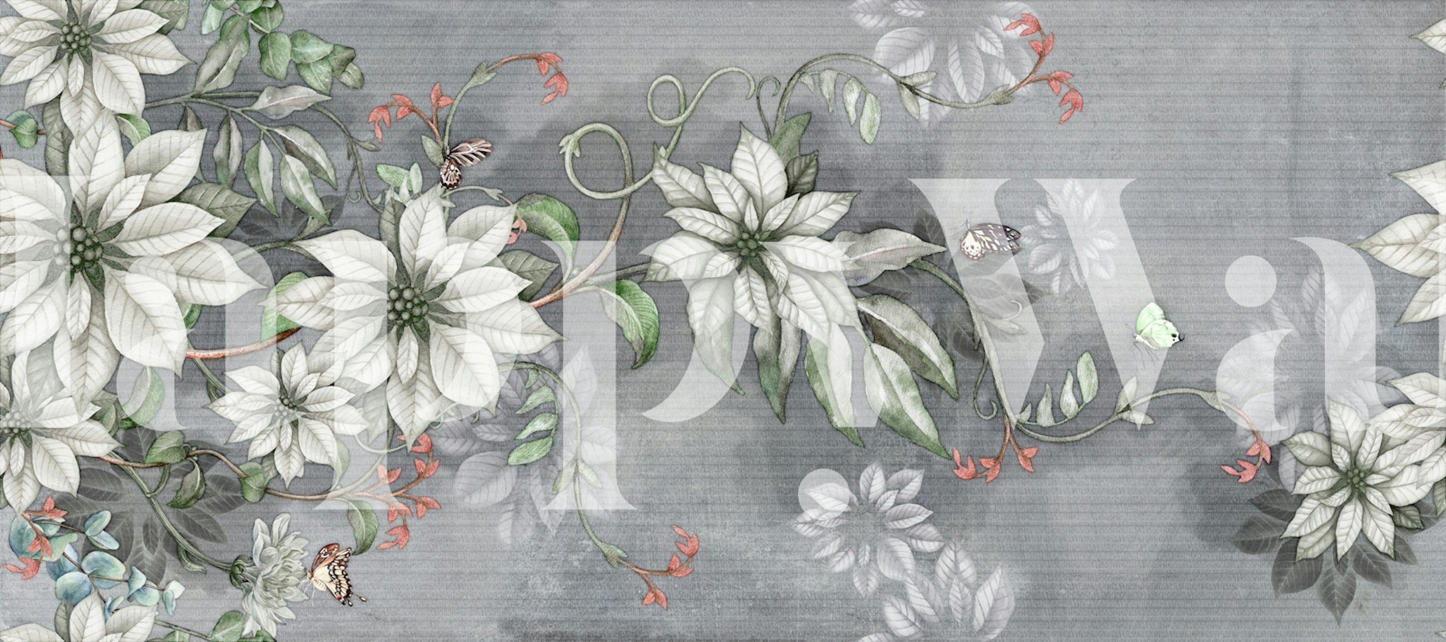 Gray floral wallpaper with white blossoms and butterflies