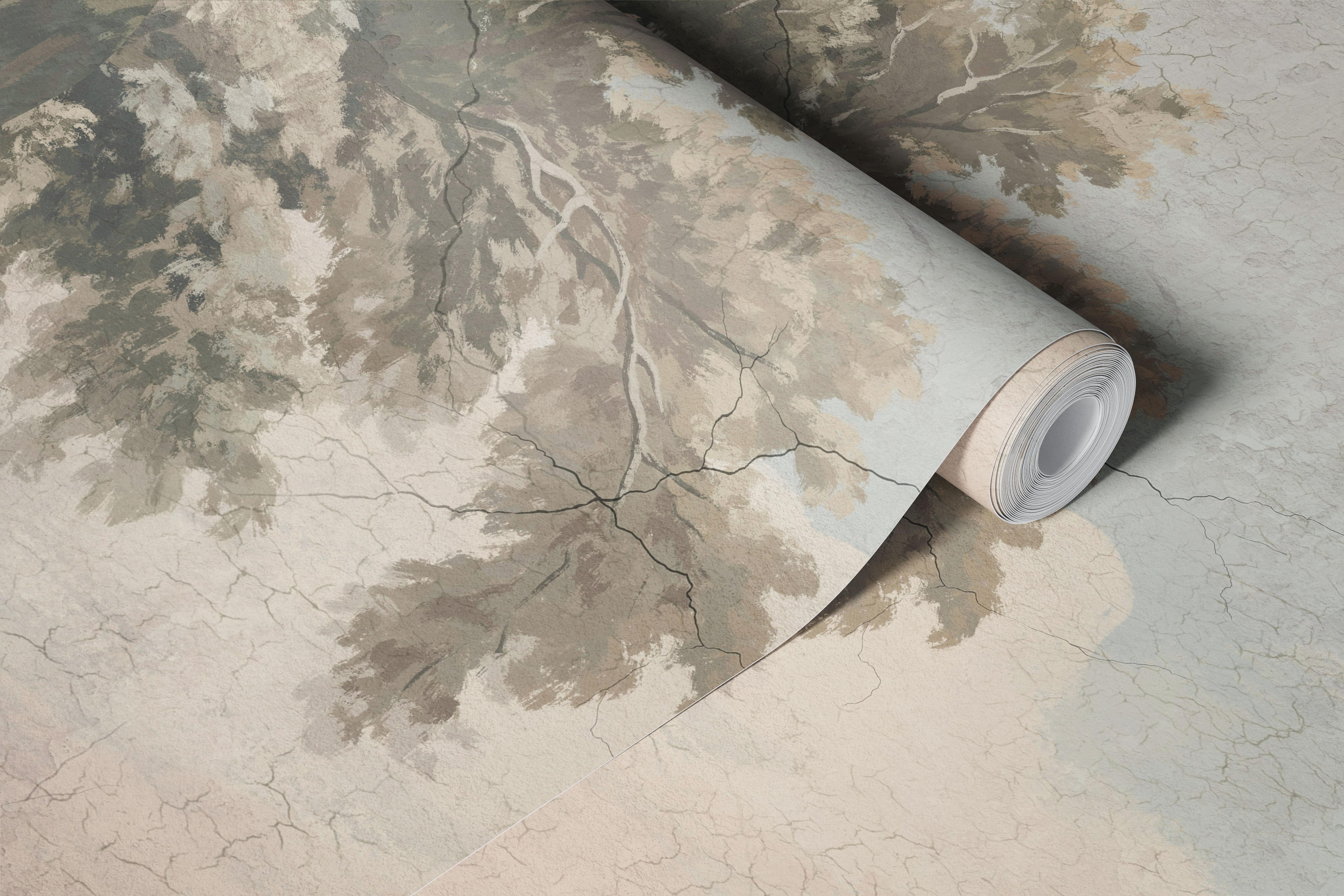 Painted landscape wallpaper in a neutral room
