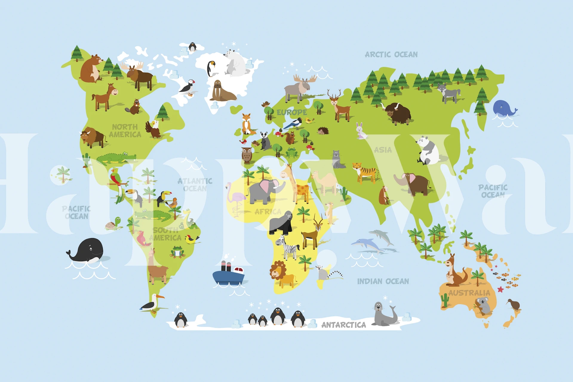 Colorful world map with animals and continents on blue background wallpaper