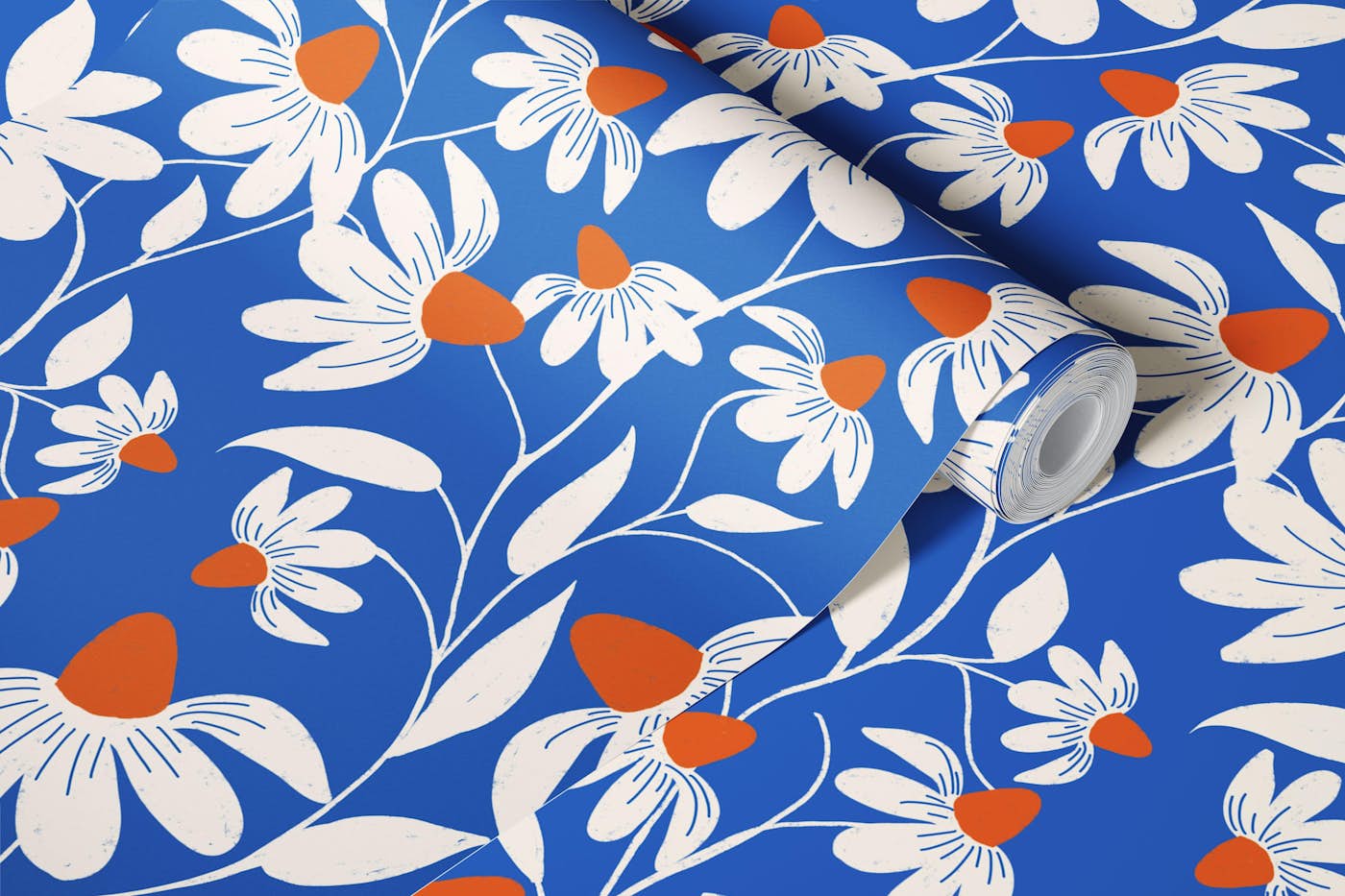 Floriography - White Coneflower Cobalt Blue wallpaper roll