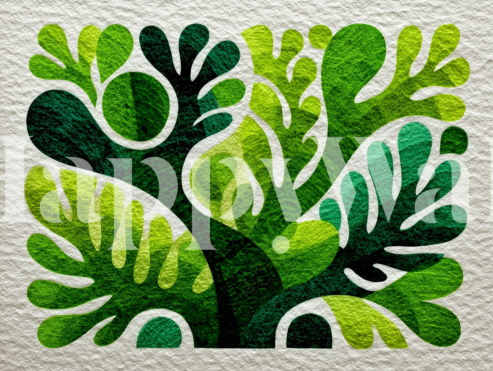 Tropical leaf design in shades of green on textured wallpaper