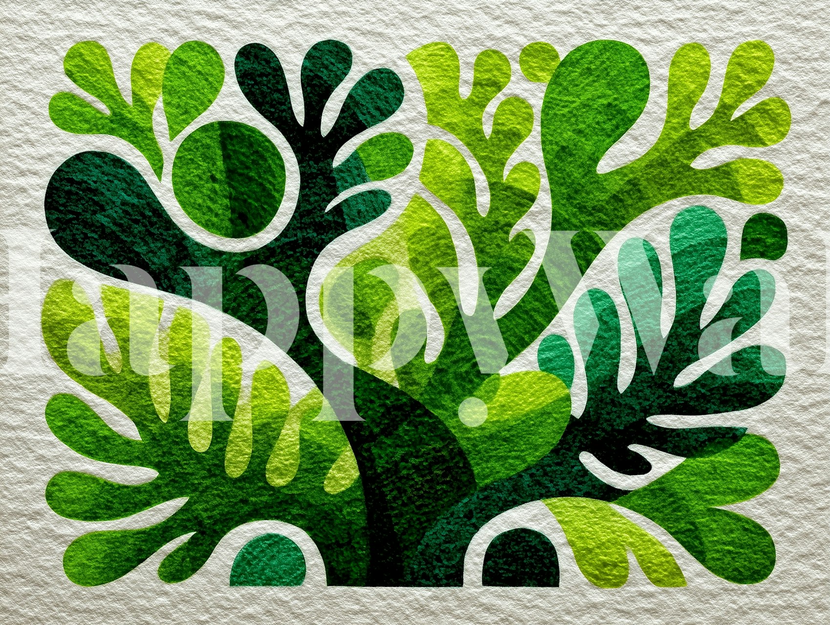 Tropical leaf design in shades of green on textured wallpaper