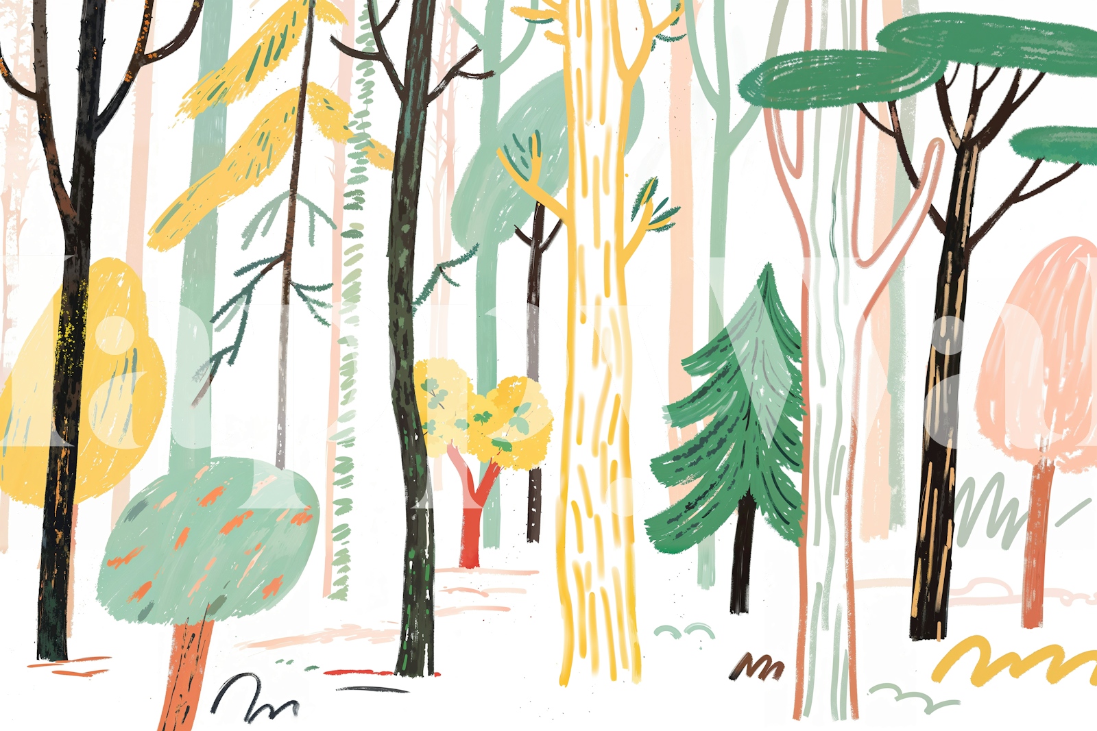 Woodland tree wallpaper in a bright room