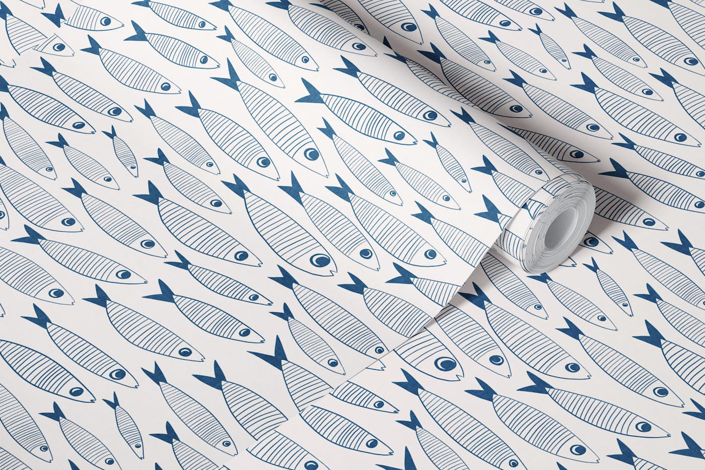 Small Sardines Swimming Vintage Fish - Blue wallpaper roll