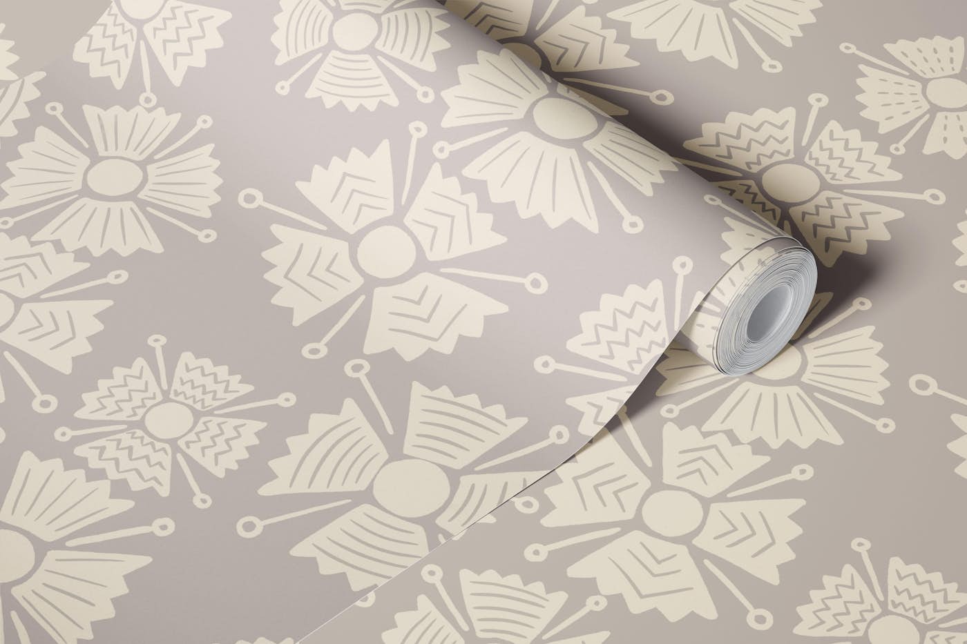 Blockprint Beige Rosettes Tossed Floral Motif wallpaper roll