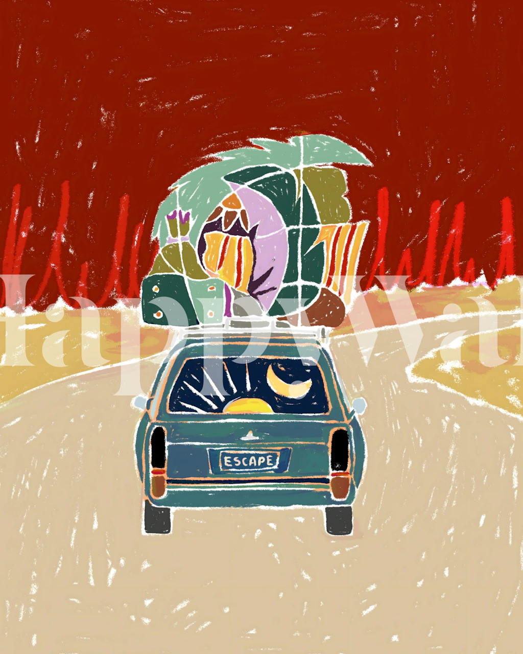 Car with colorful packed luggage on a road, red background wallpaper