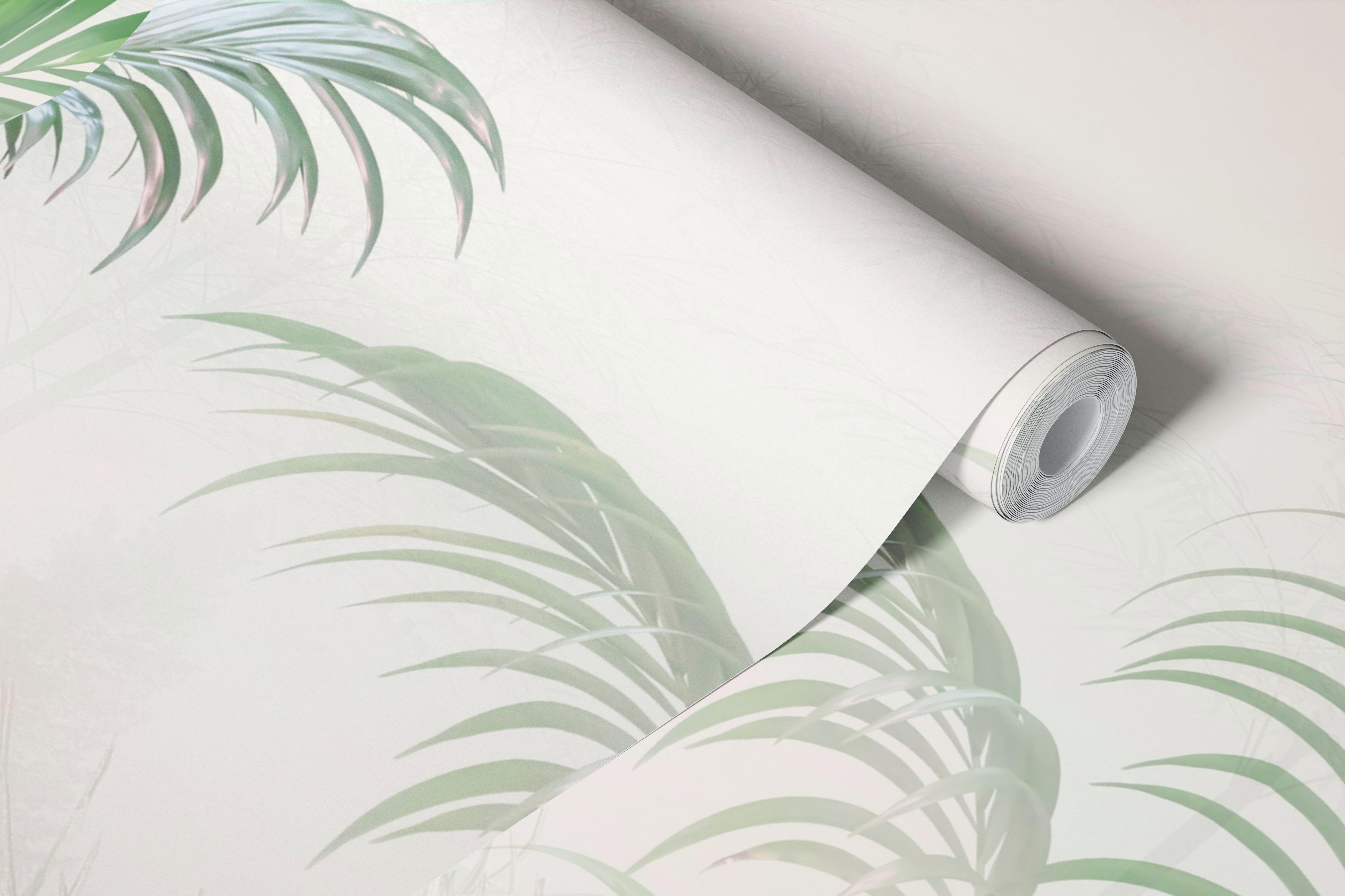 Tropical palm leaves with soft green and muted tones wallpaper