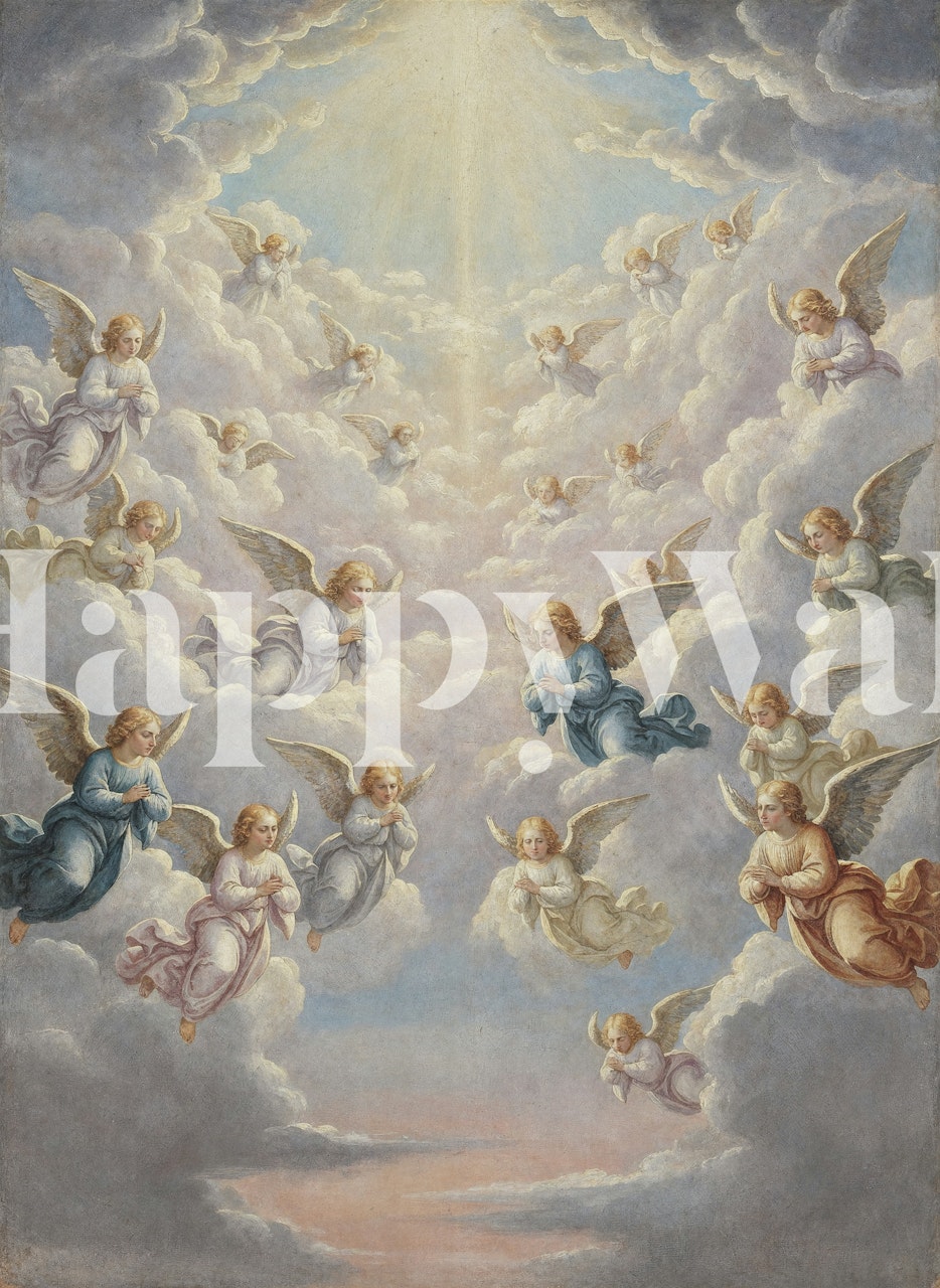 Angels among fluffy clouds with a bright sky background wallpaper
