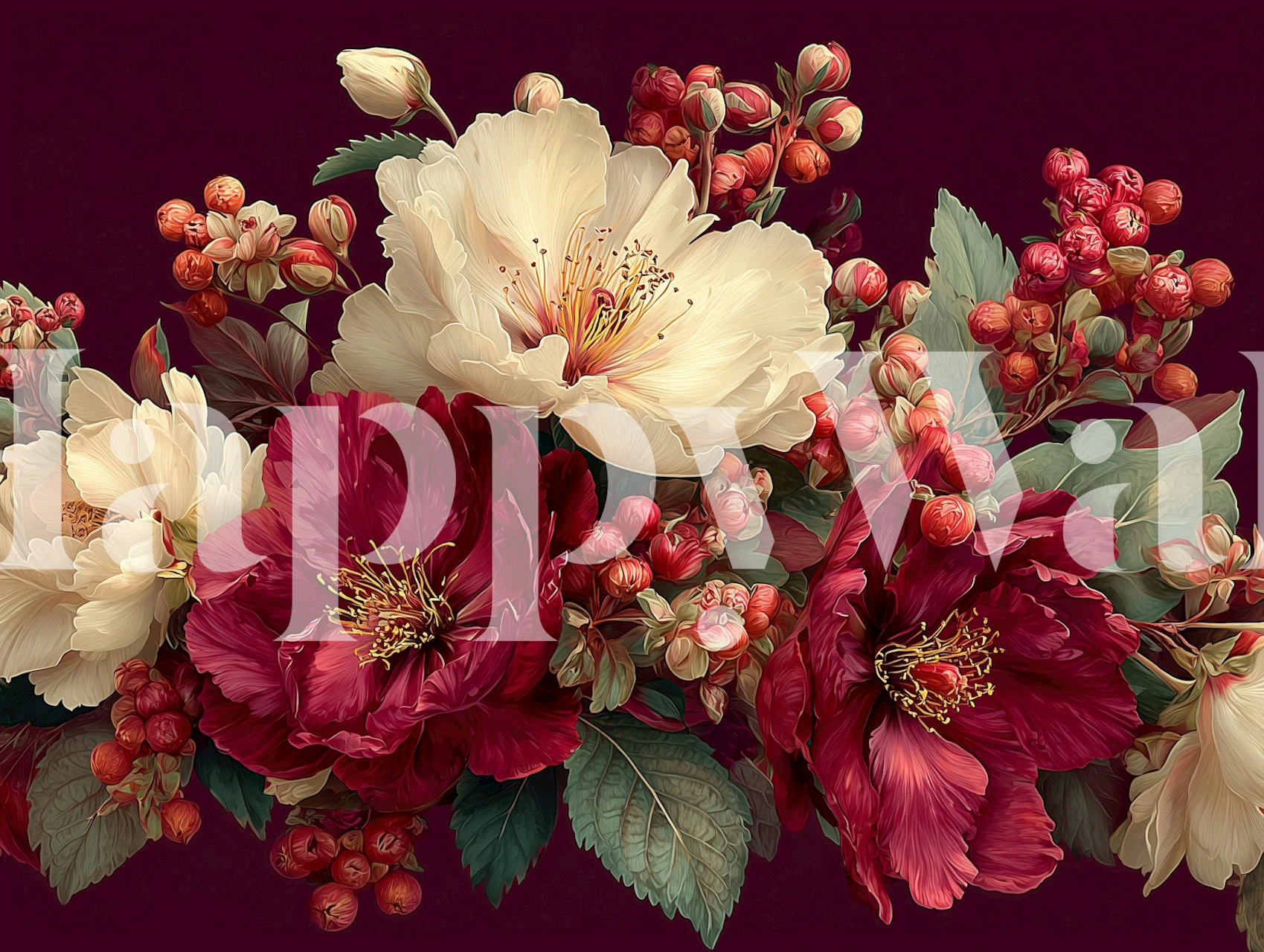 Burgundy floral wallpaper with peonies and berries