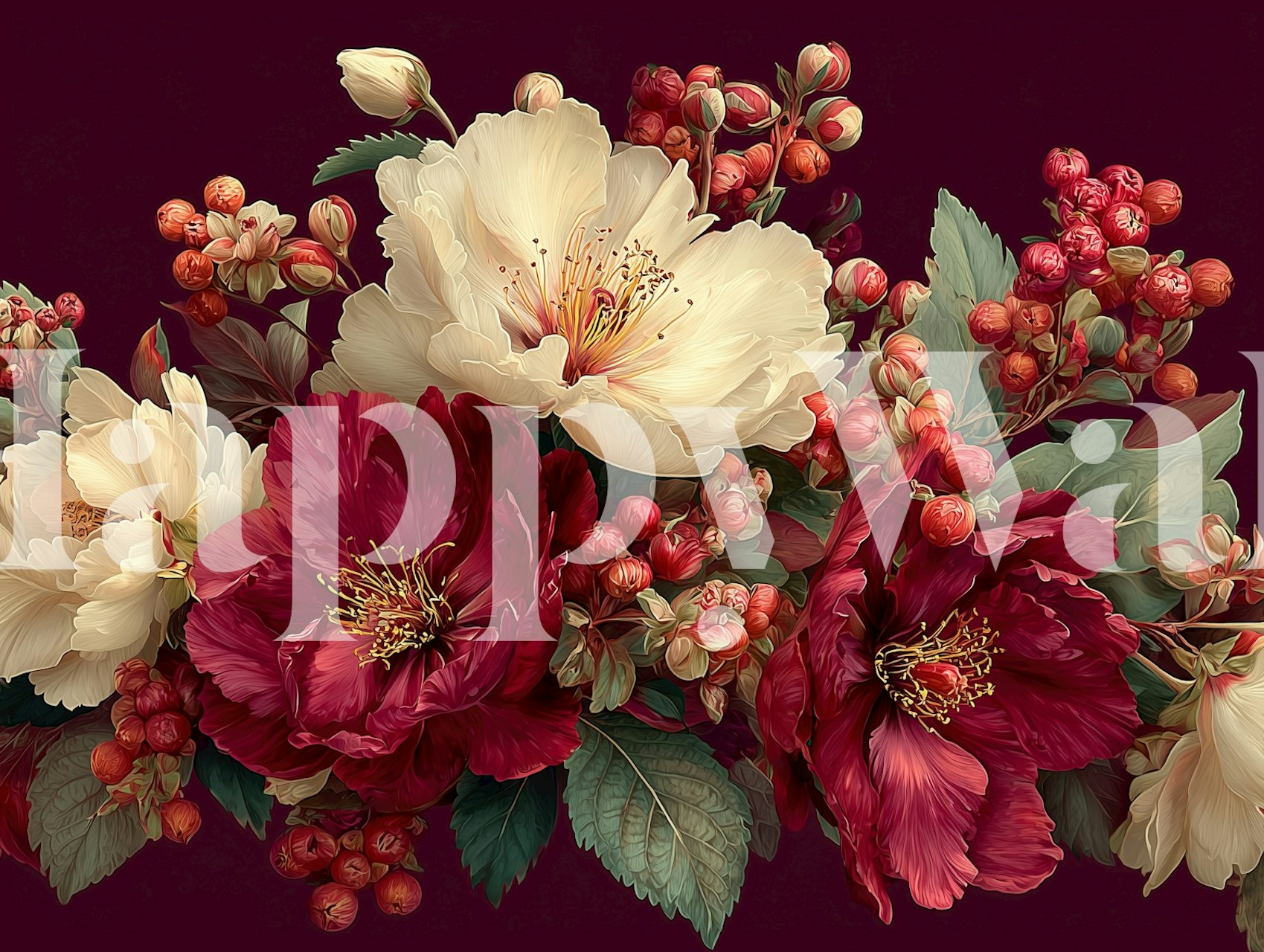 Burgundy floral wallpaper in einem Raumsetting