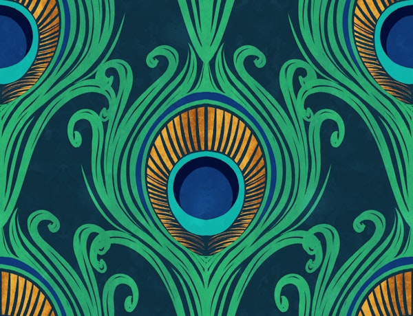 Retro Geometric Peacock Feathers Teal Gold