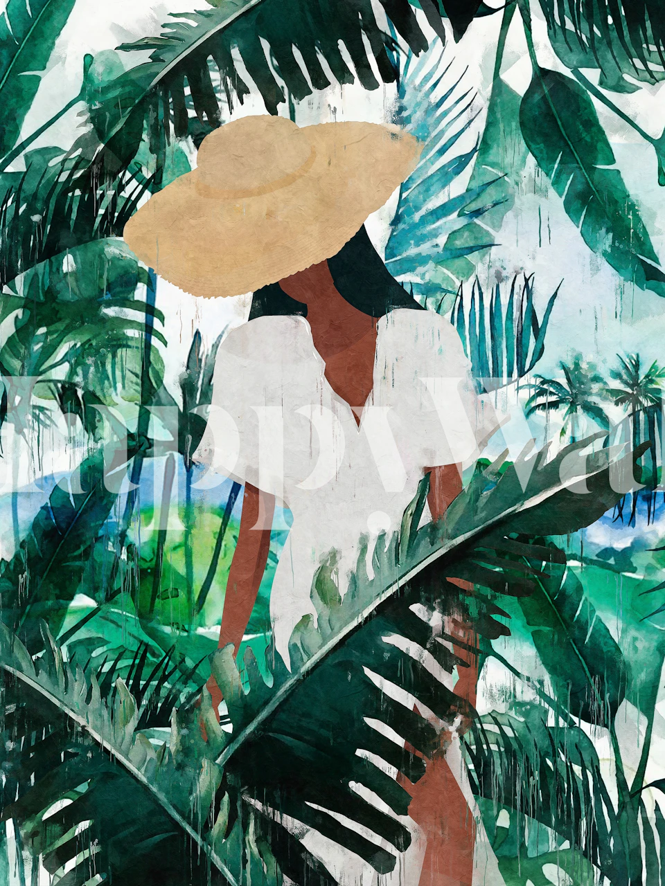 Tropical Leaf wallpaper met een WoMan in een kamer