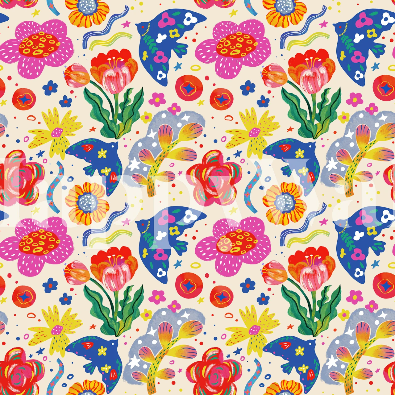 Colorful floral patterns with red, pink, blue, and yellow flowers wallpaper