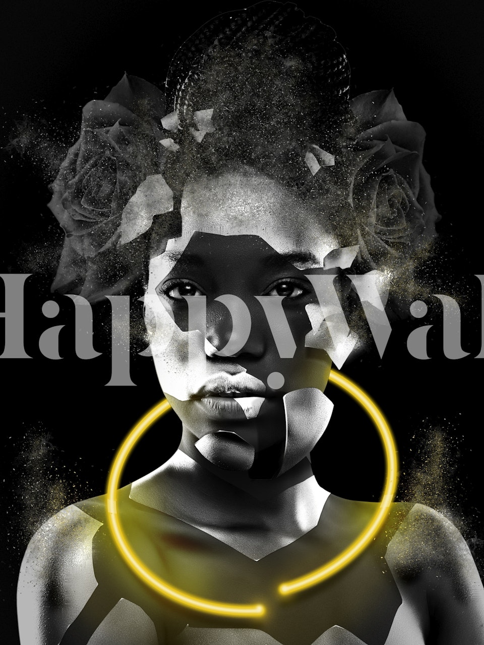 Αφηρημένη ασπρόμαυρη τοιχογραφία γυναίκας με καλλιτεχνικές χρυσές προφορές