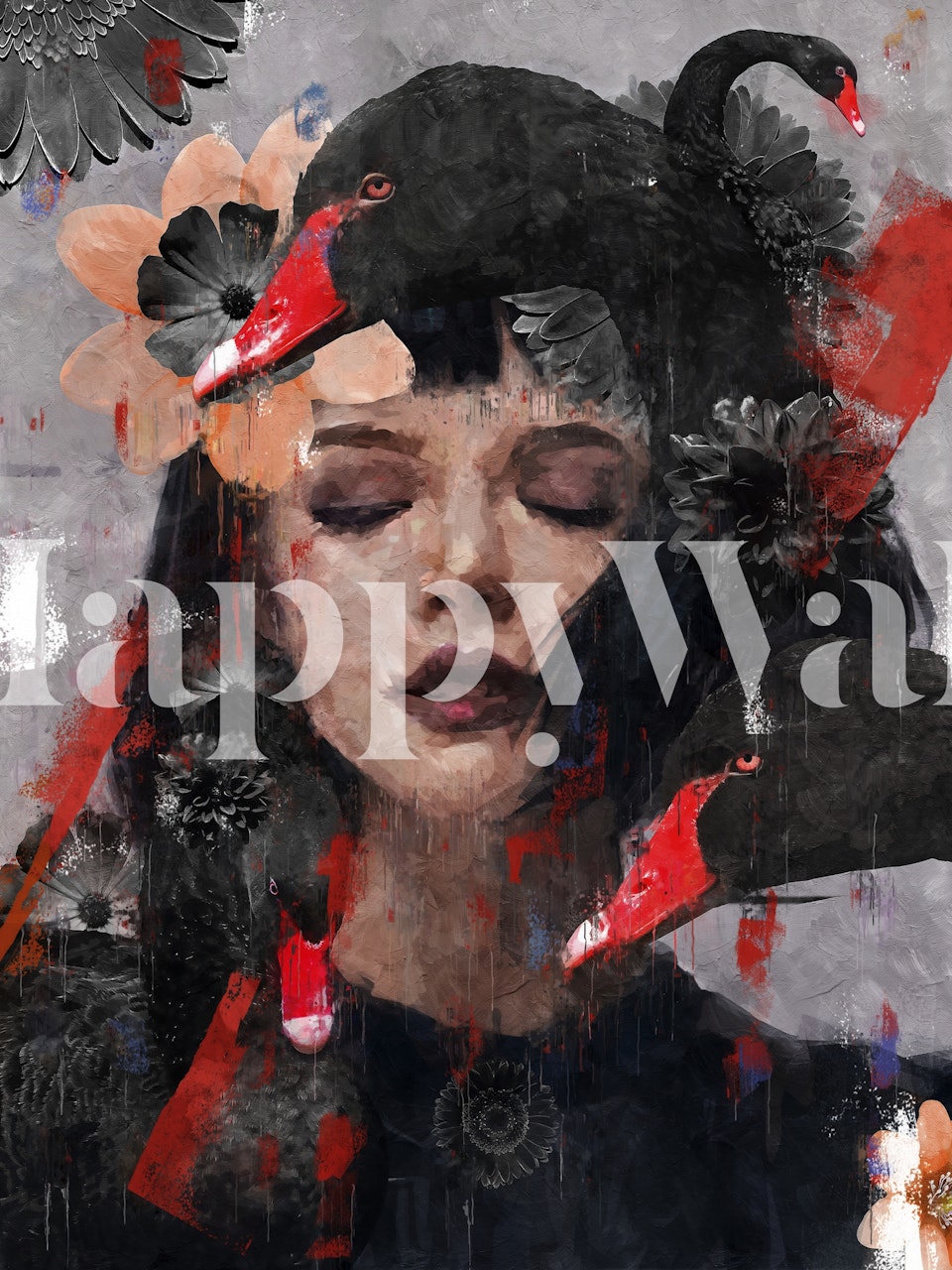 Black swan on woman's head with flowers, bold colors, artistic wallpaper