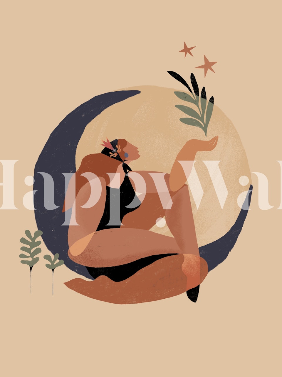 Abstract woman with moon wall mural in soft, earthy tones