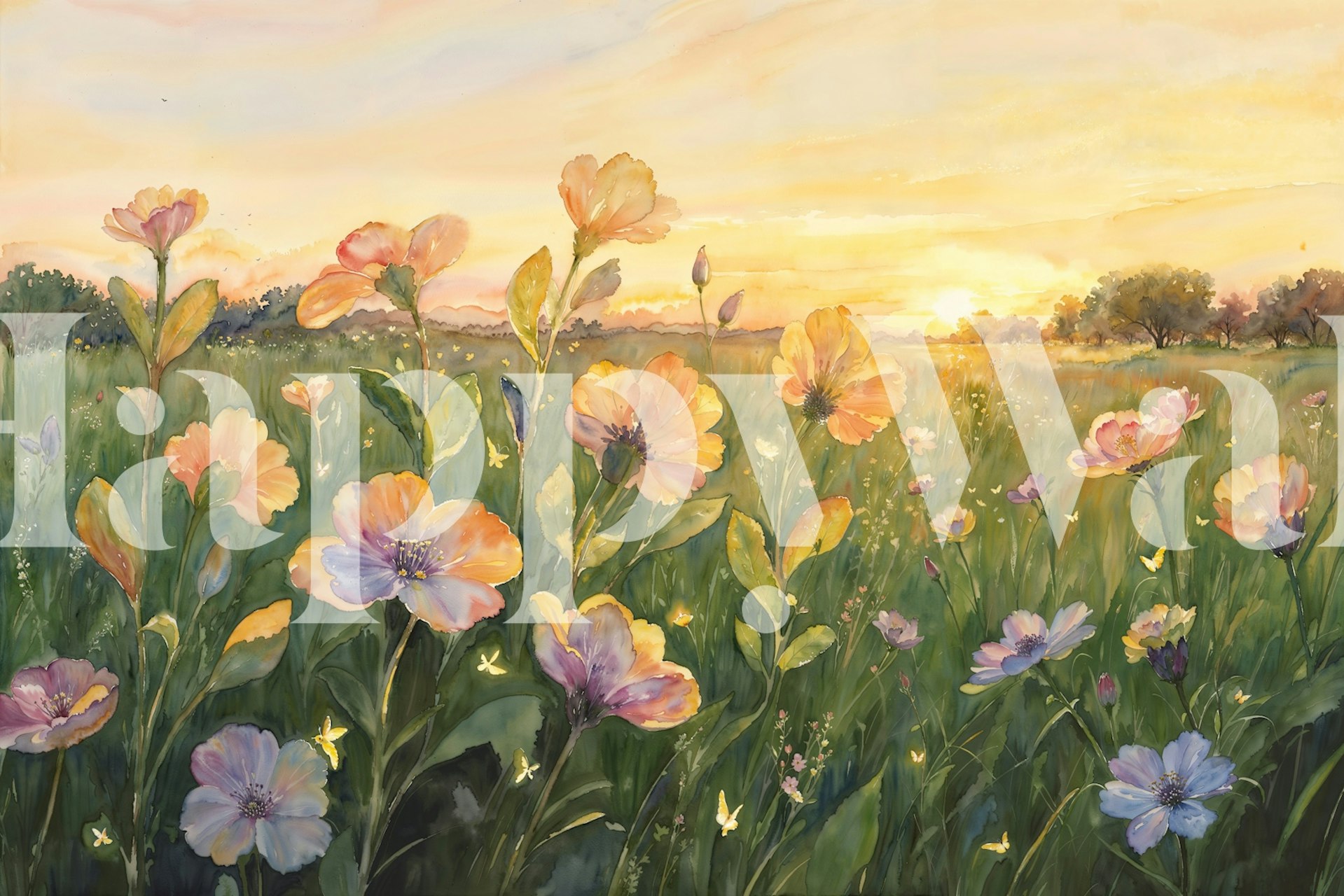 Sunset wildflower garden wallpaper design