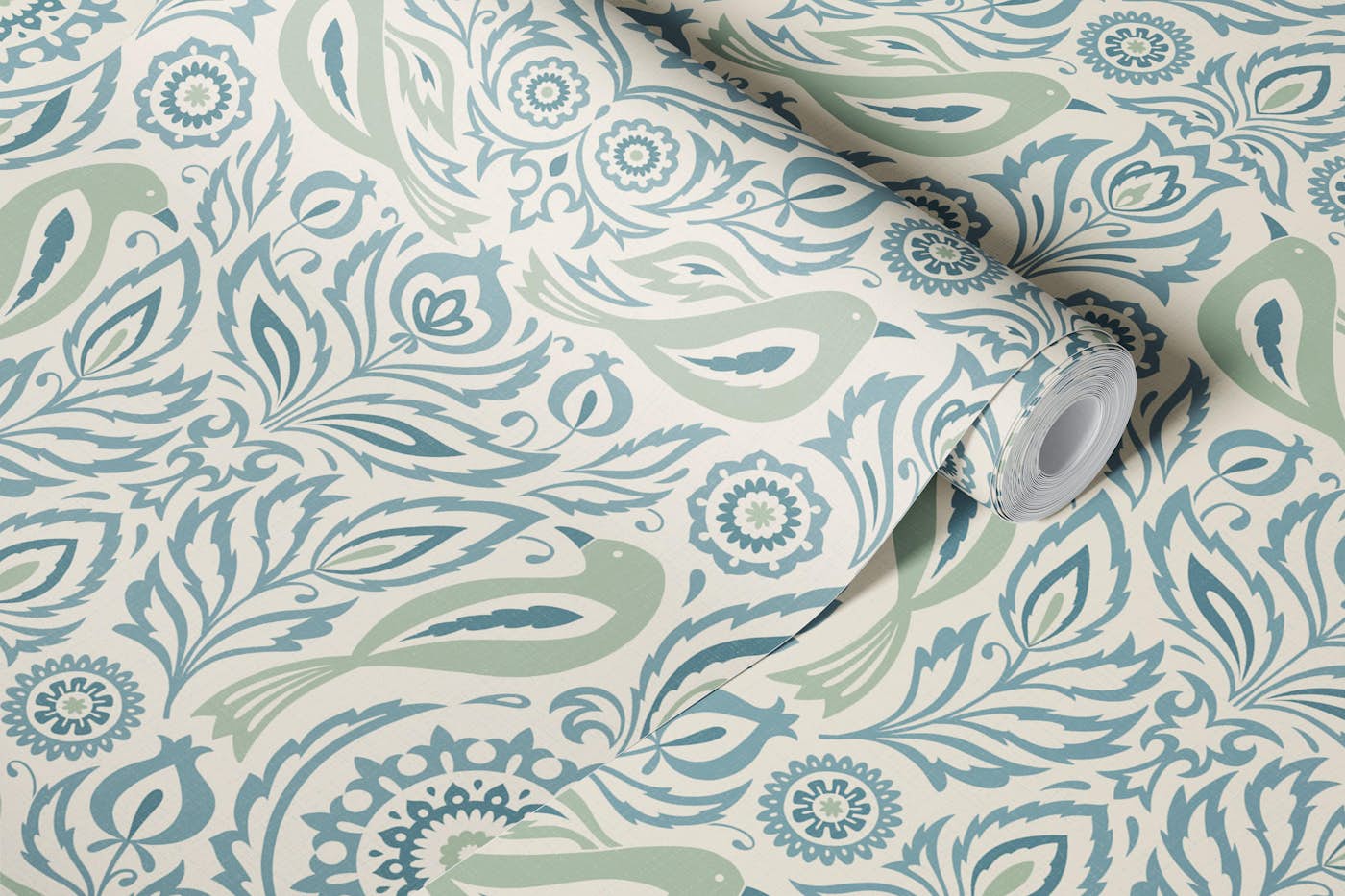 heritage revival damask - soft green and blue wallpaper roll