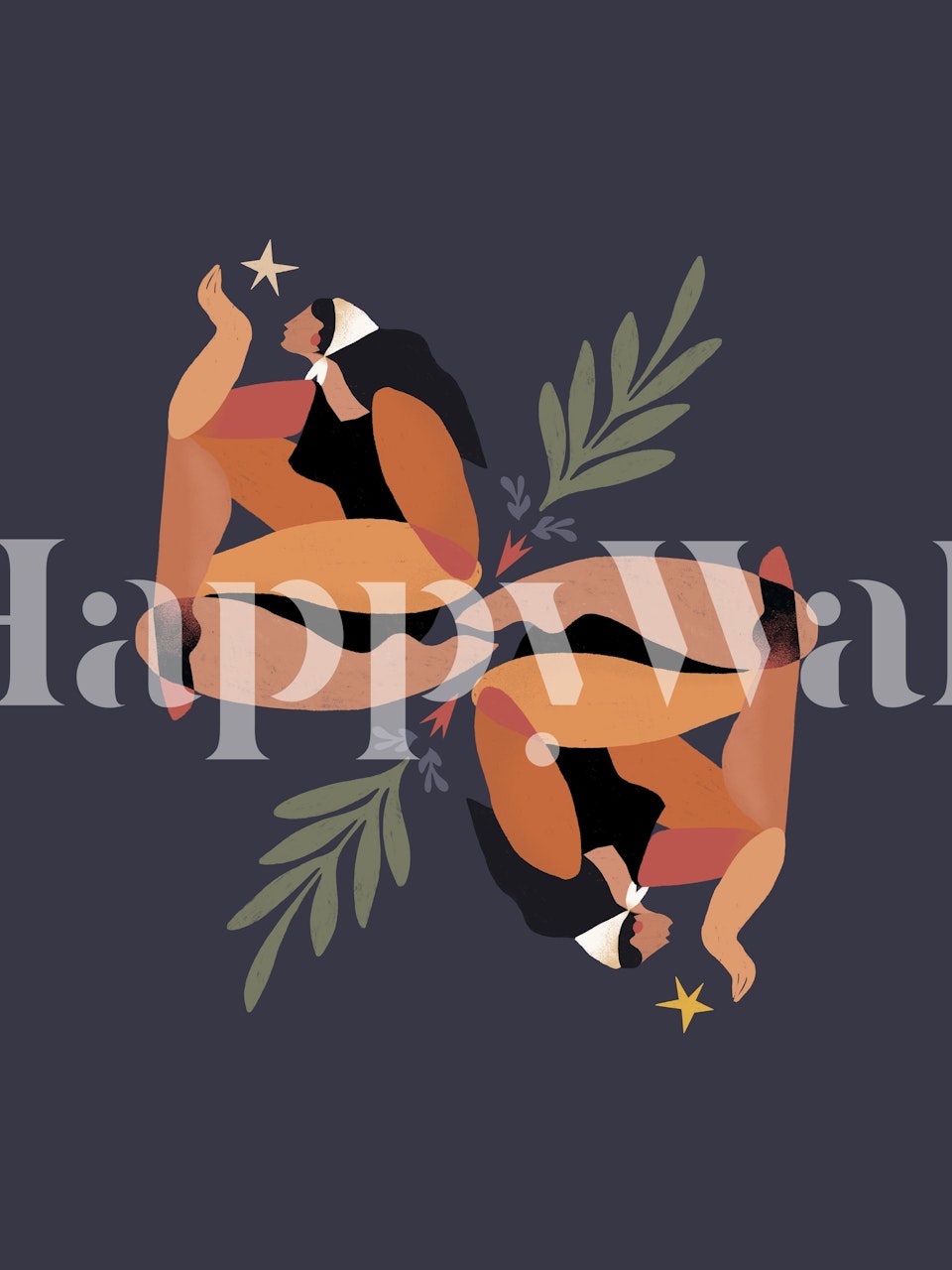 Abstract woman and nature elements in warm colors wallpaper