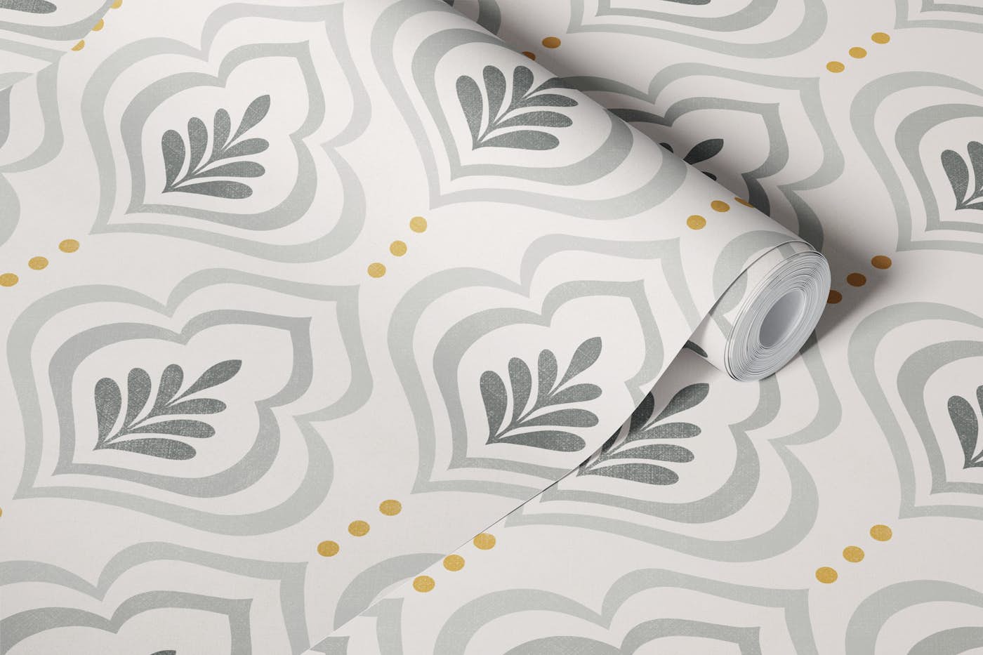 elegant ogee leaves - silver grey and mustard wallpaper roll