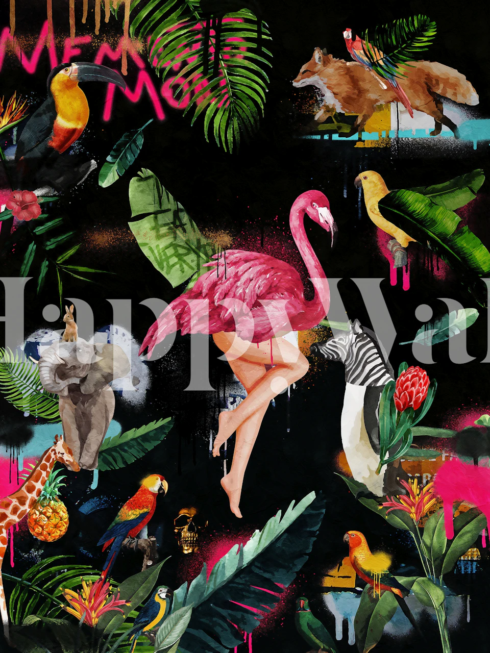 Flamant rose, éléphant, zebra et oiseaux colorés sur fond noir wallpaper