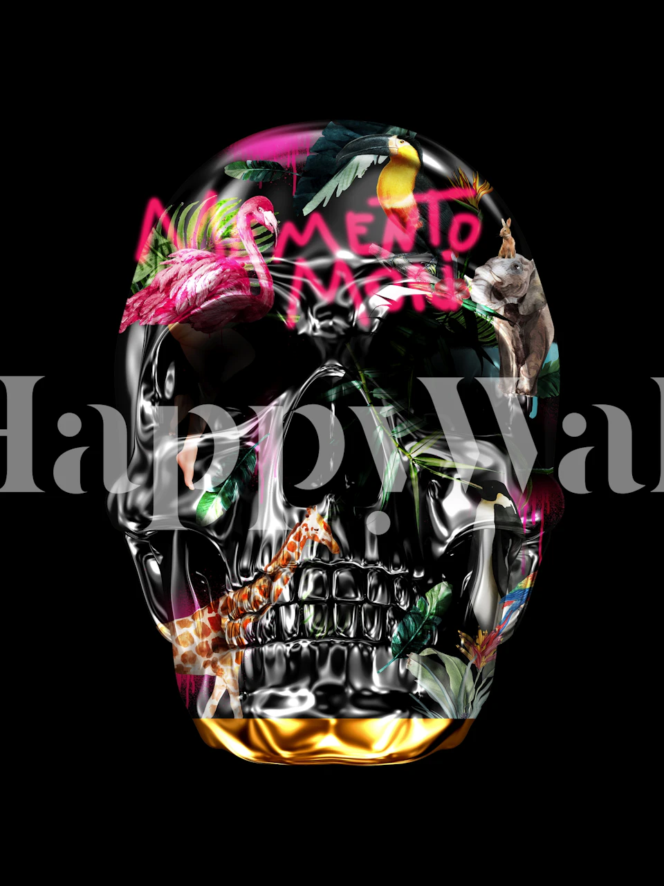 Colorful skull with floral elements and tropical birds wallpaper