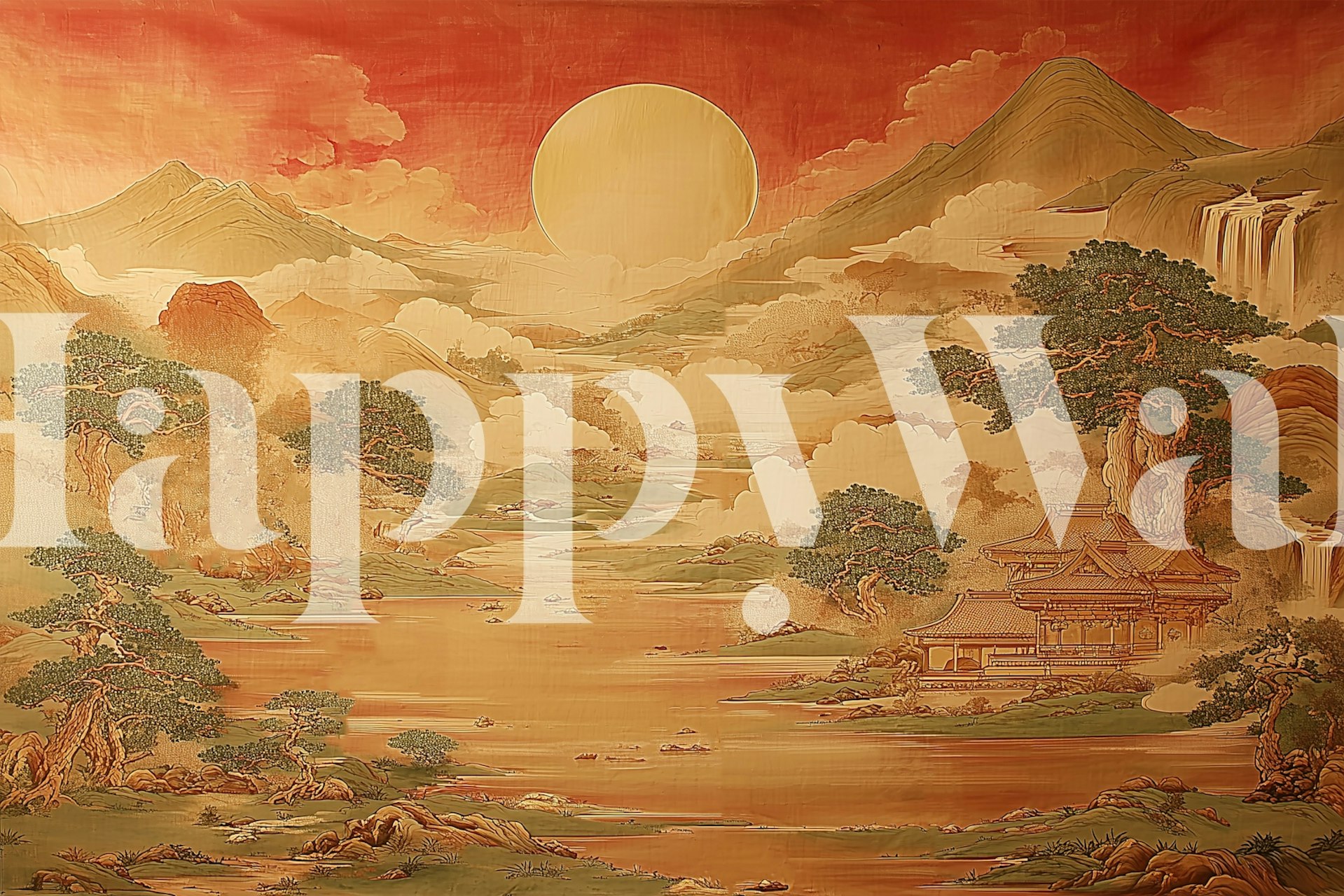 Serene red mountain landscape with trees and buildings wallpaper