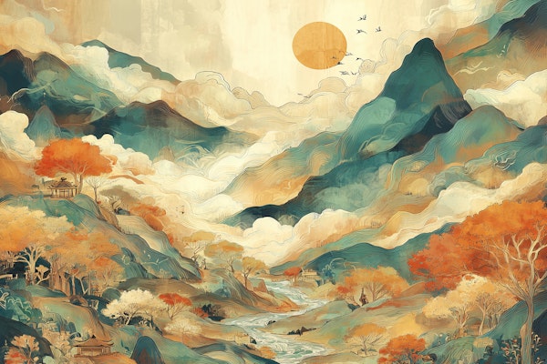 Autumn Mountains and Flowing River