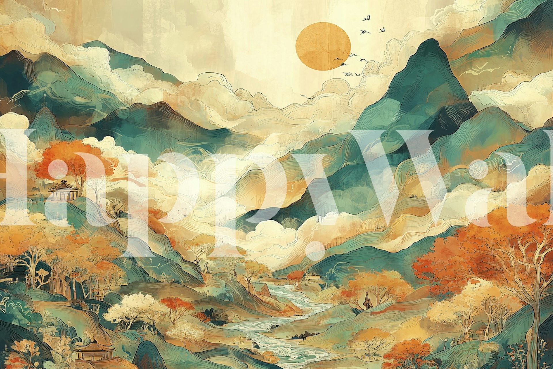Autumn landscape with mountains, flowing river, orange trees, and sun wallpaper