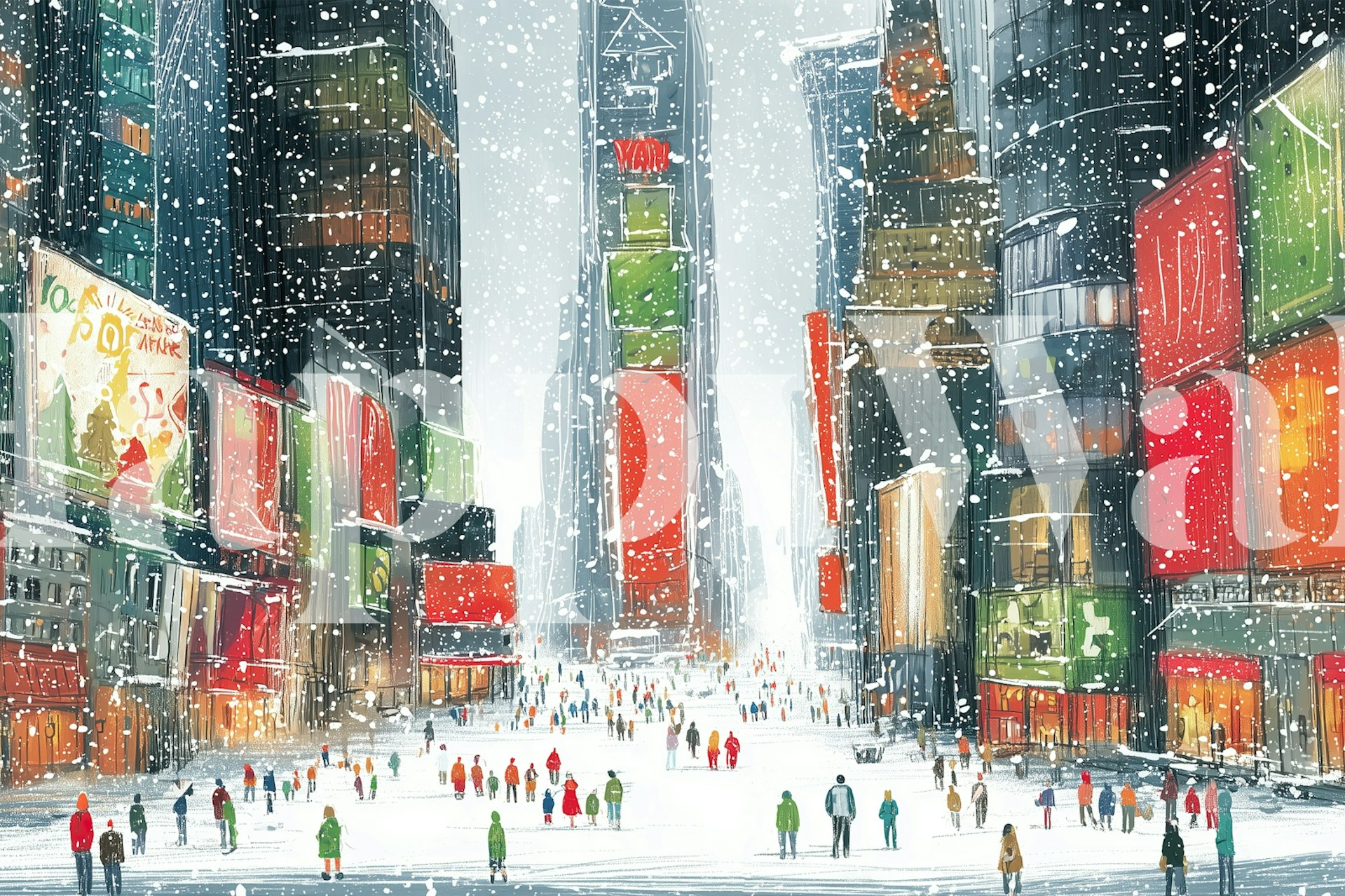 Winter cityscape with snow, colorful billboards, and pedestrians wallpaper