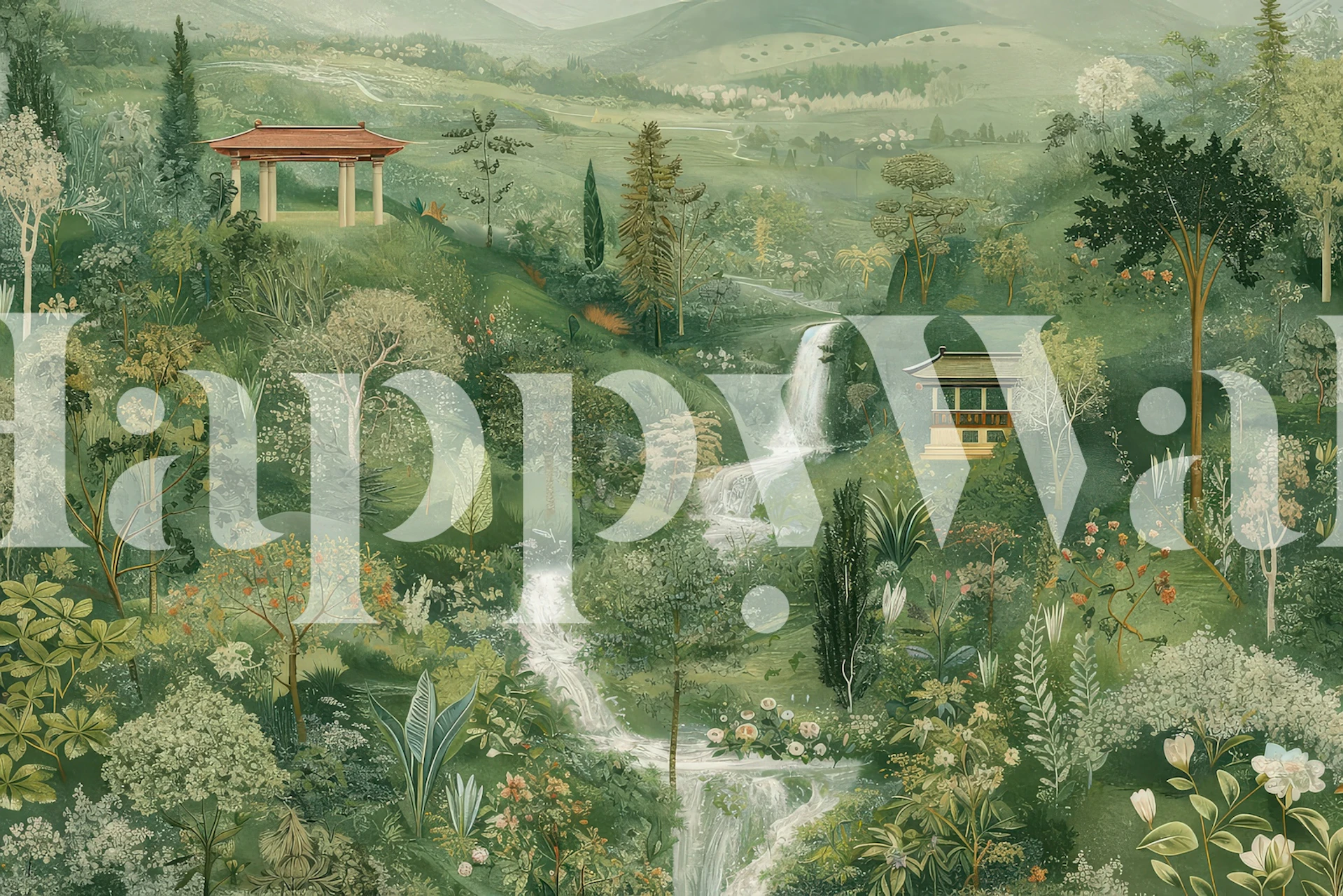 Serene Nature Landscape Tapete in einem Raum