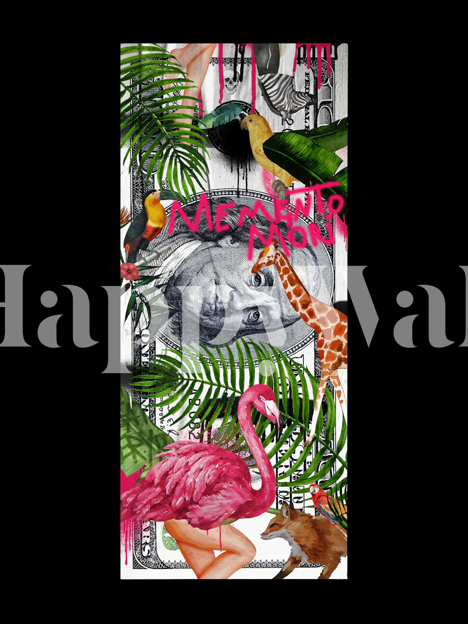 Memento Mori Money veggmaleri med elefanter, flamingoer, sjiraffer og tropiske planter på Happywall