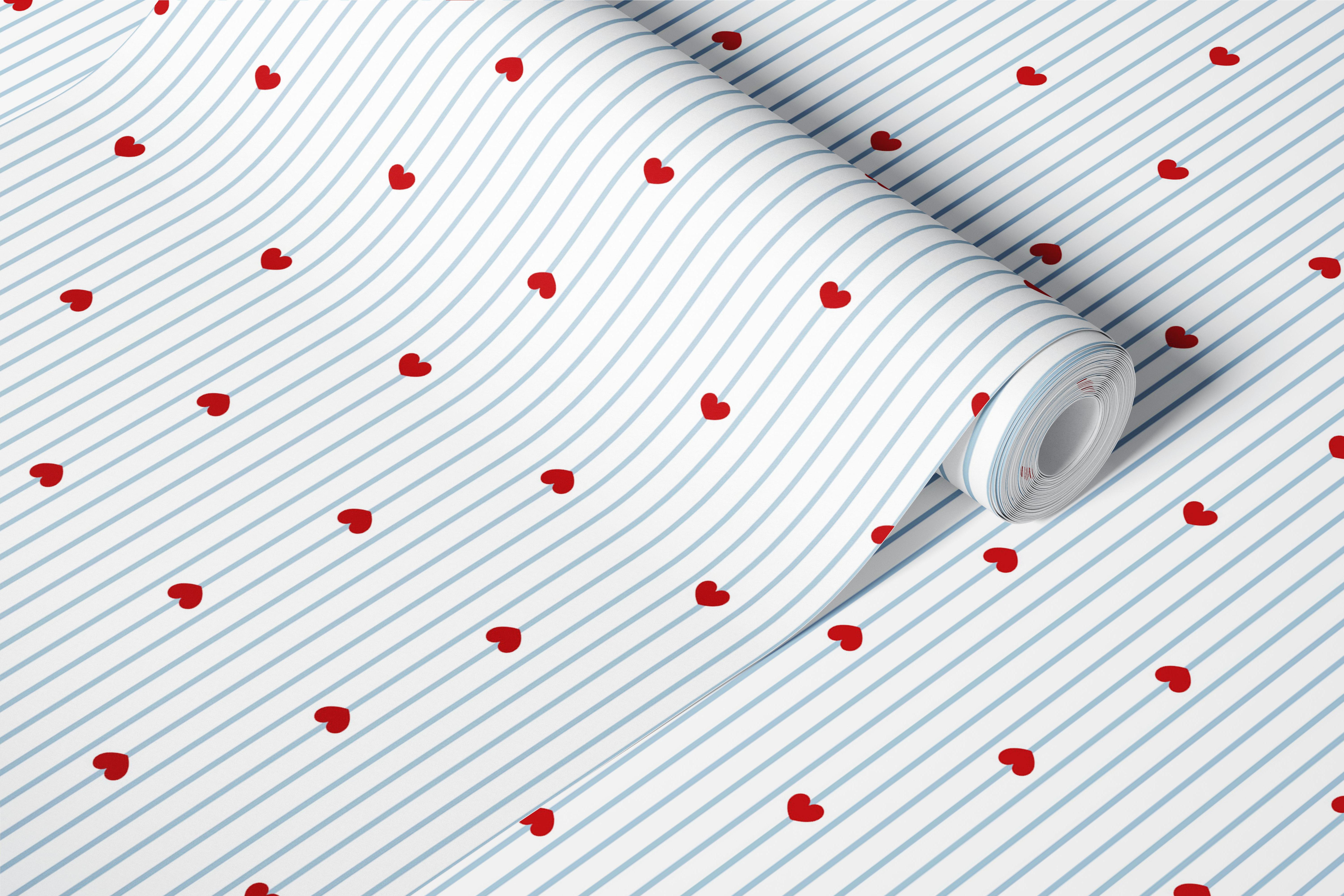 Blue stripes with scattered red hearts wallpaper