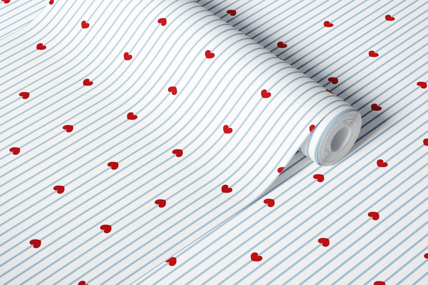 Blue stripe with red heart wallpaper roll