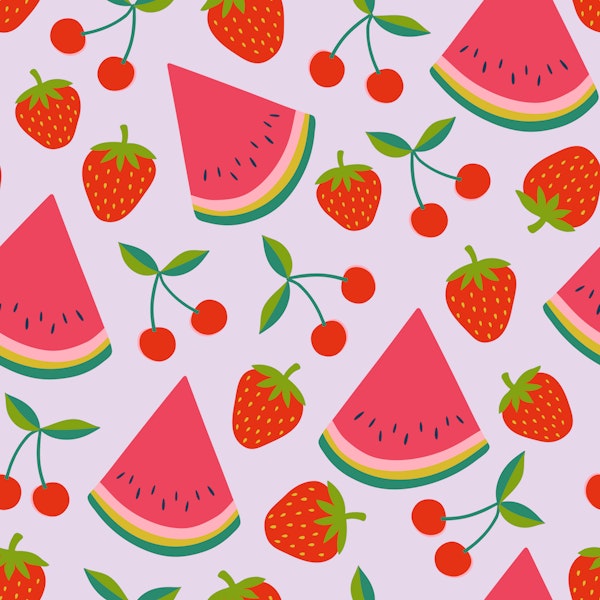 Watermelon cherries strawberries red lilac S