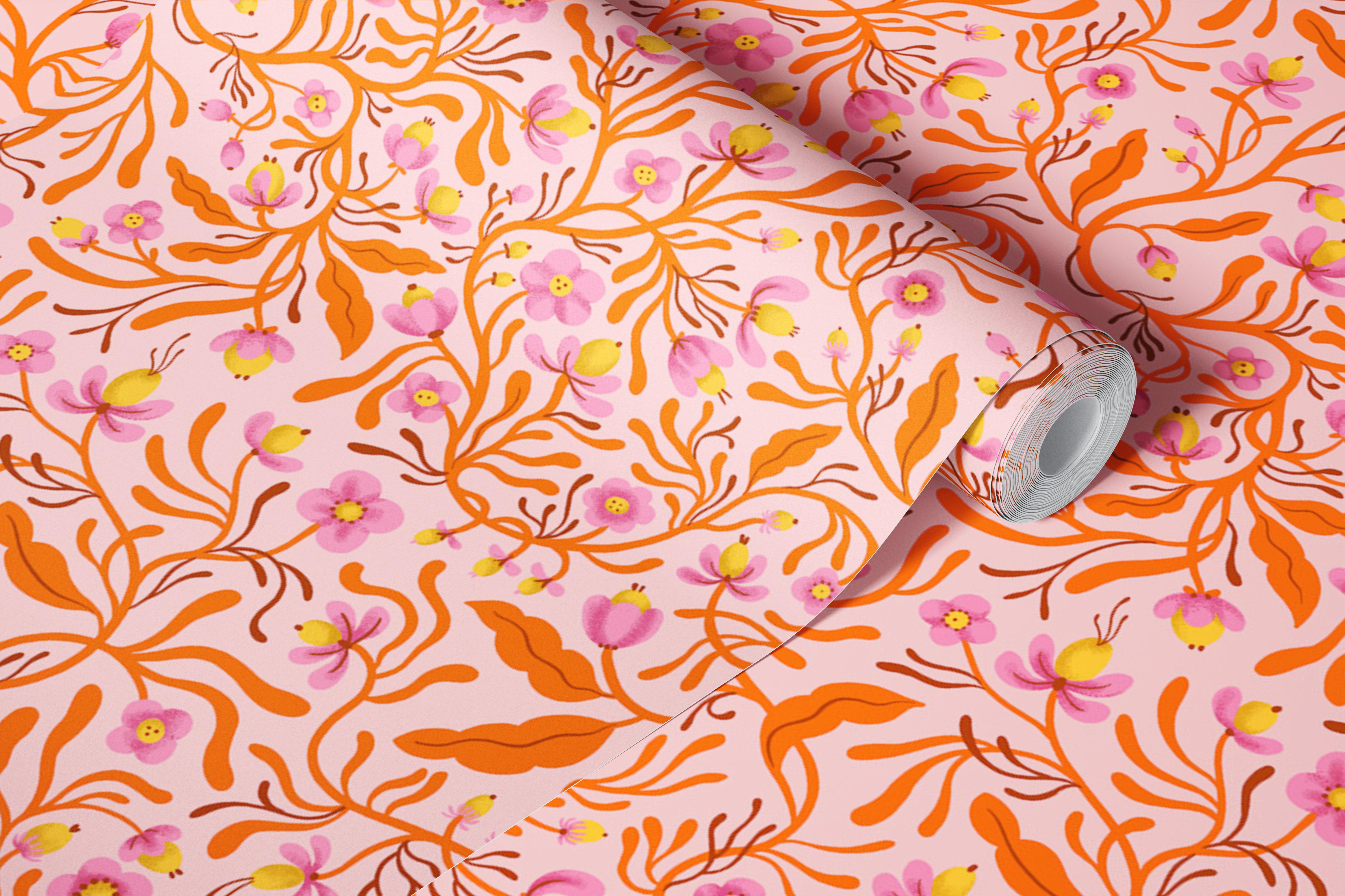 Coral floral pattern with pink flowers and orange branches wallpaper
