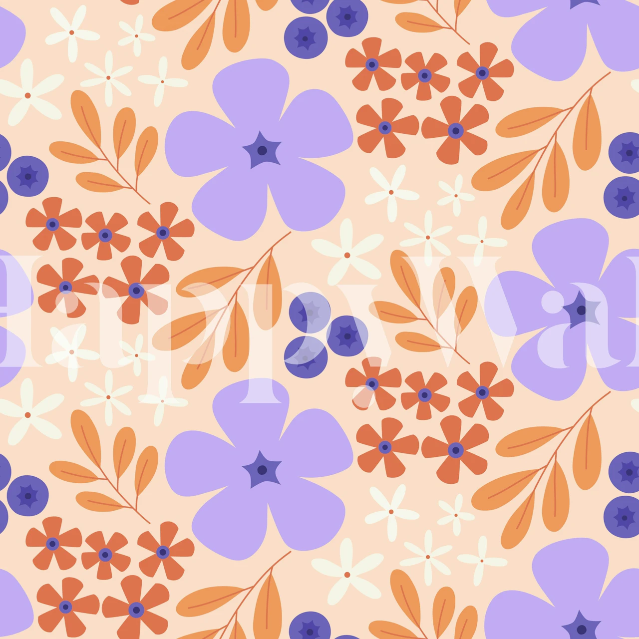 Colorful floral pattern with lavender and orange flowers on a peach background wallpaper