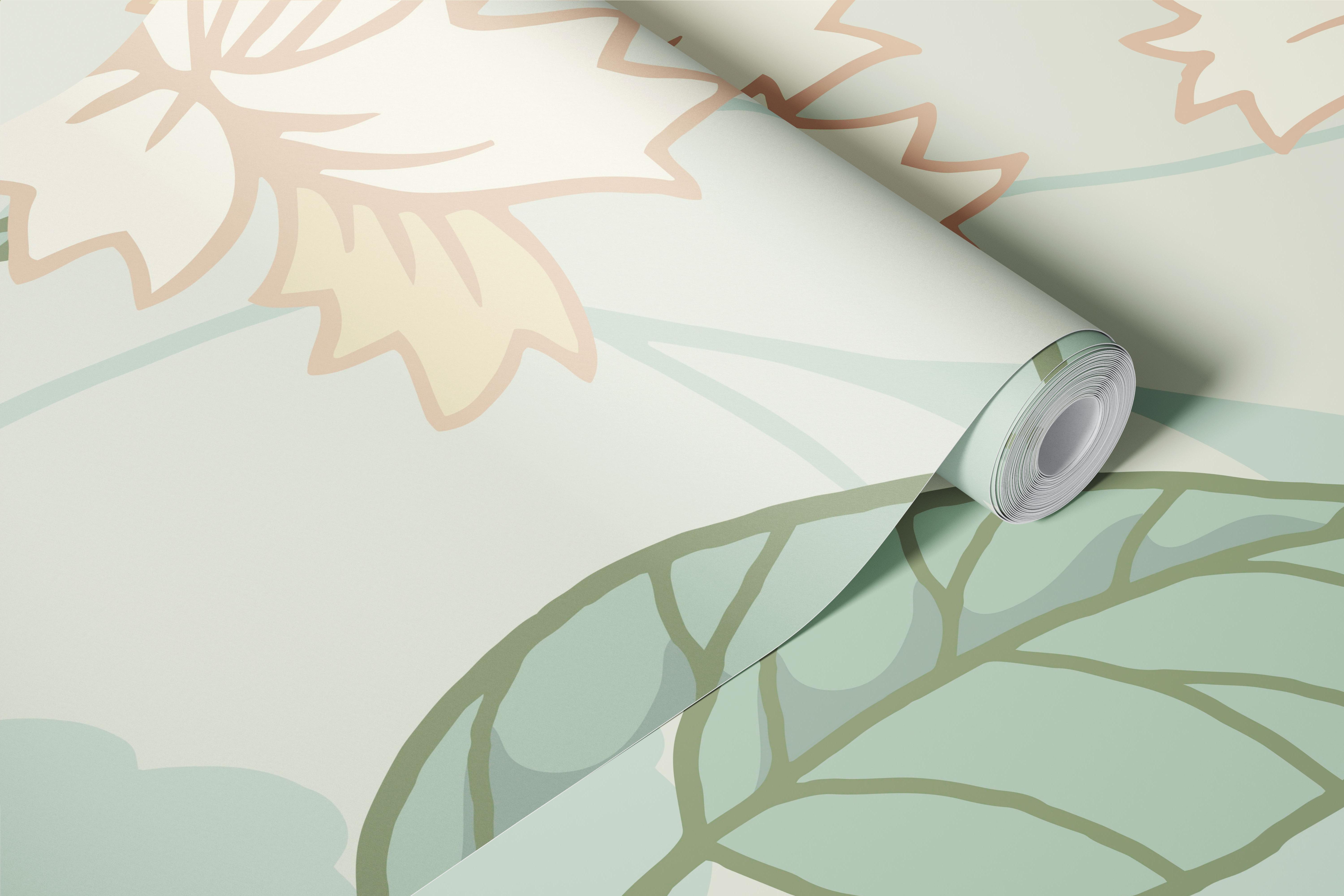 Pale green floral wallpaper with light flowers and leaves pattern