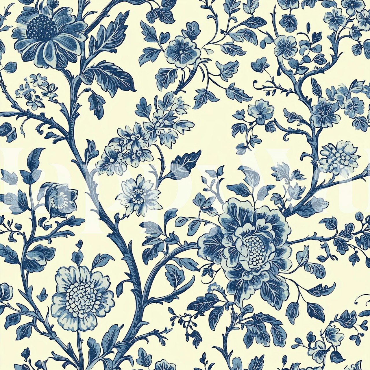 Blå blomster tapet i et rommiljø