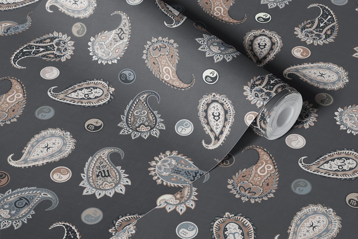 Astro Paisley & Yin Yang Dots Dark Grey Beige wallpaper roll