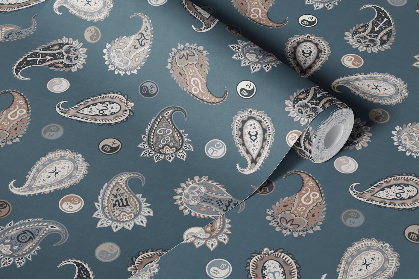 Astro Paisley & Yin Yang Dots Blue Beige Grey wallpaper roll