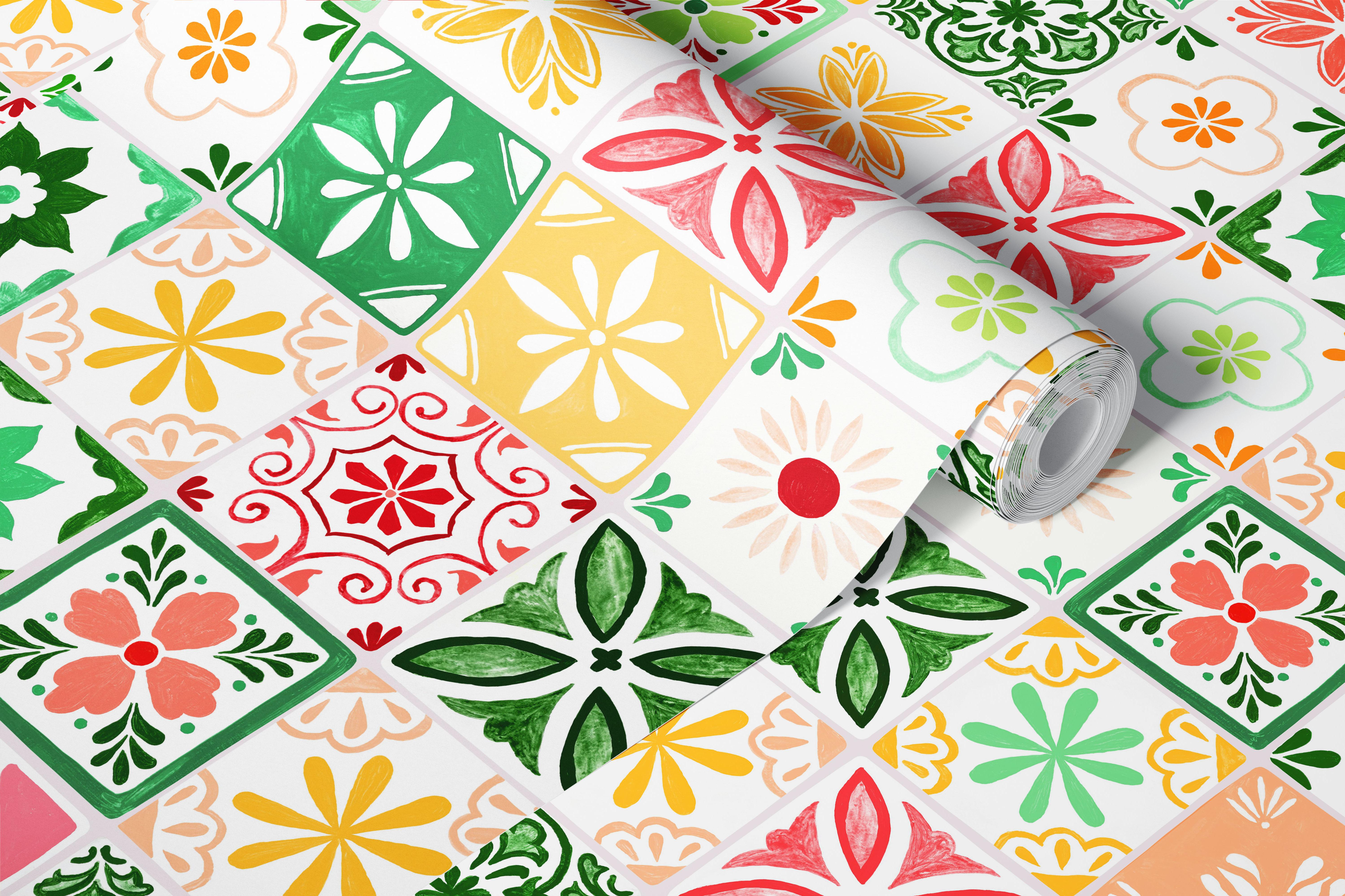 Mediterranean Colorful Tiles wallpaper in a room
