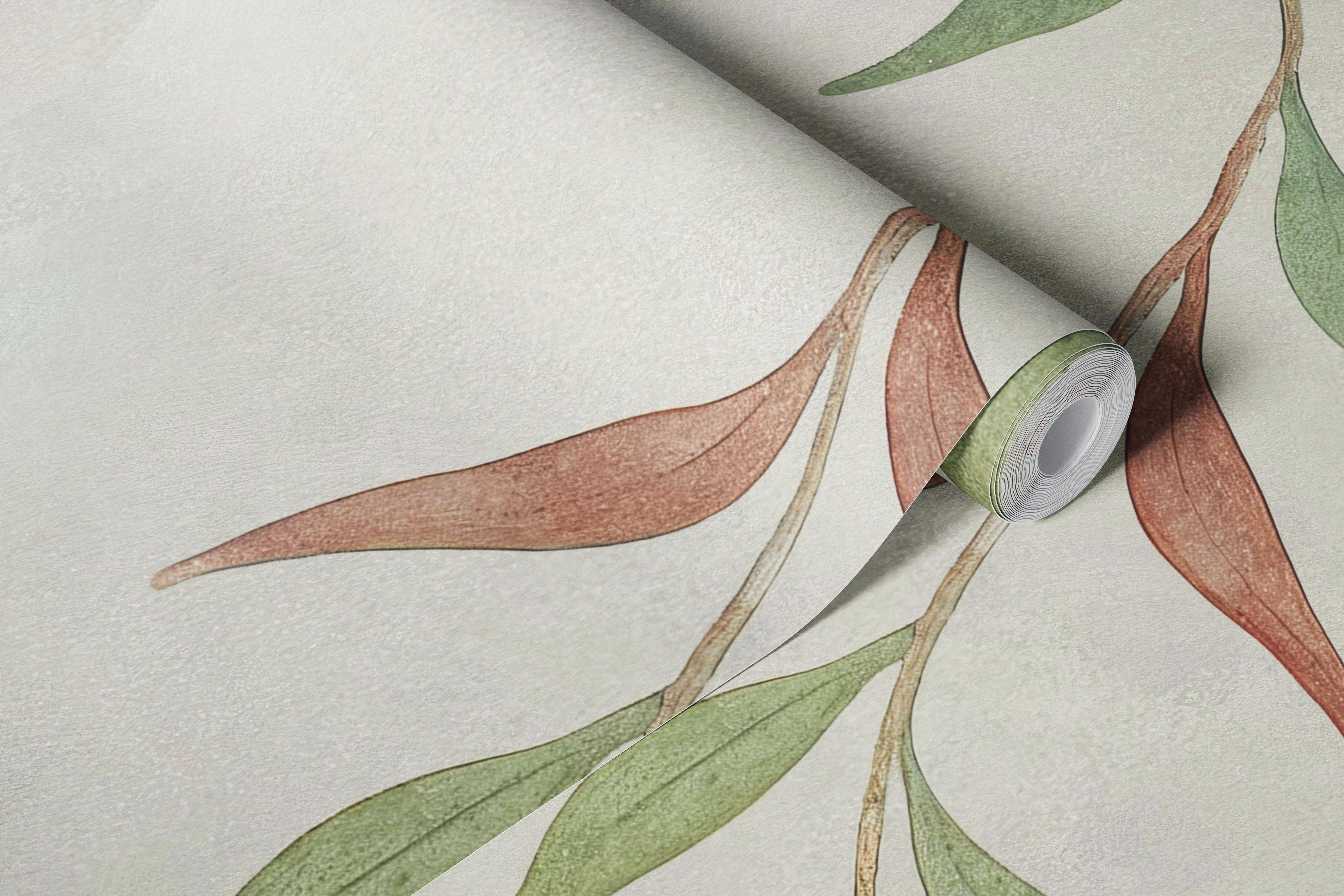 Pastel leaves in soft green and pink tones on light background wallpaper