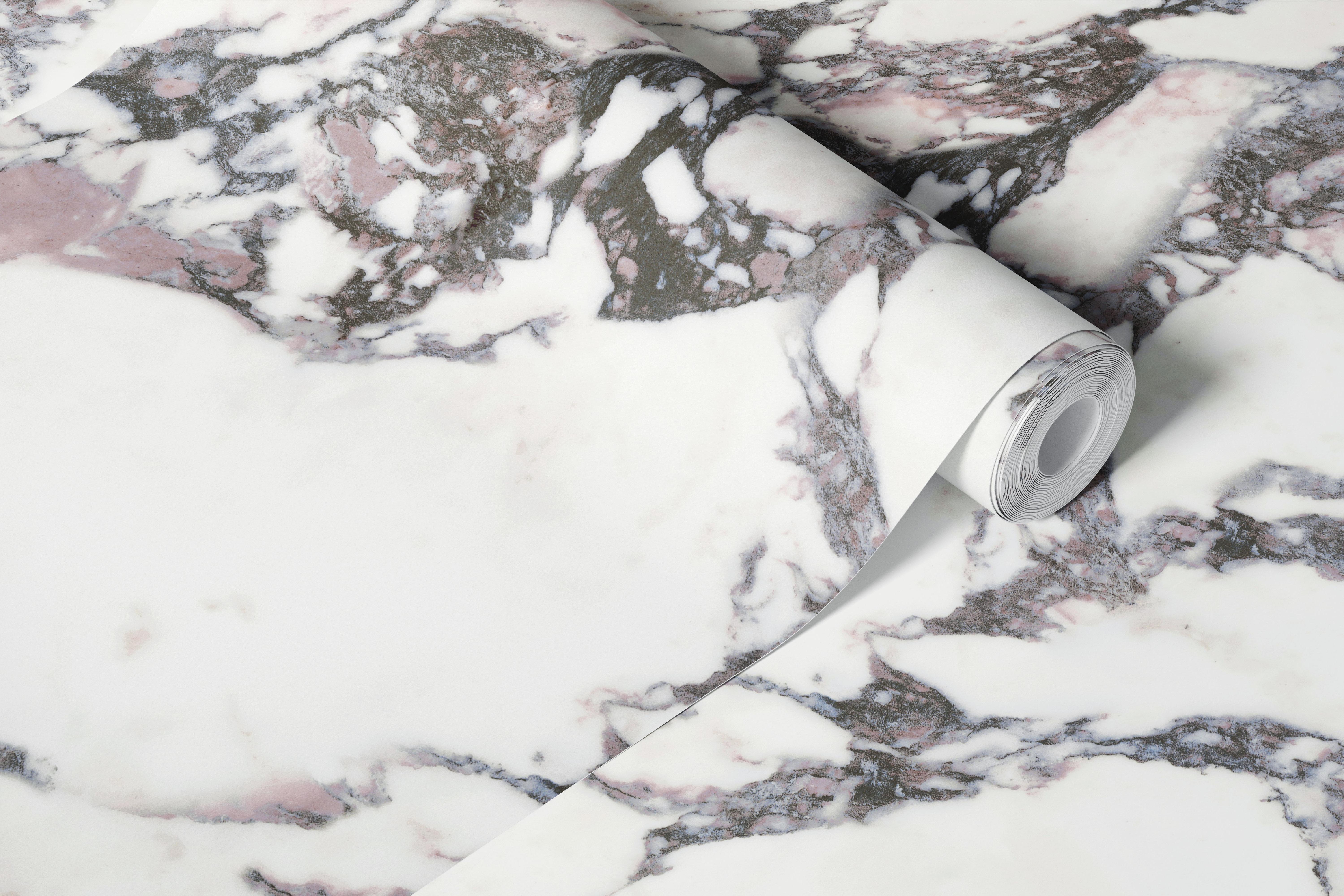 Polished marble texture in white with gray and pink veins wallpaper